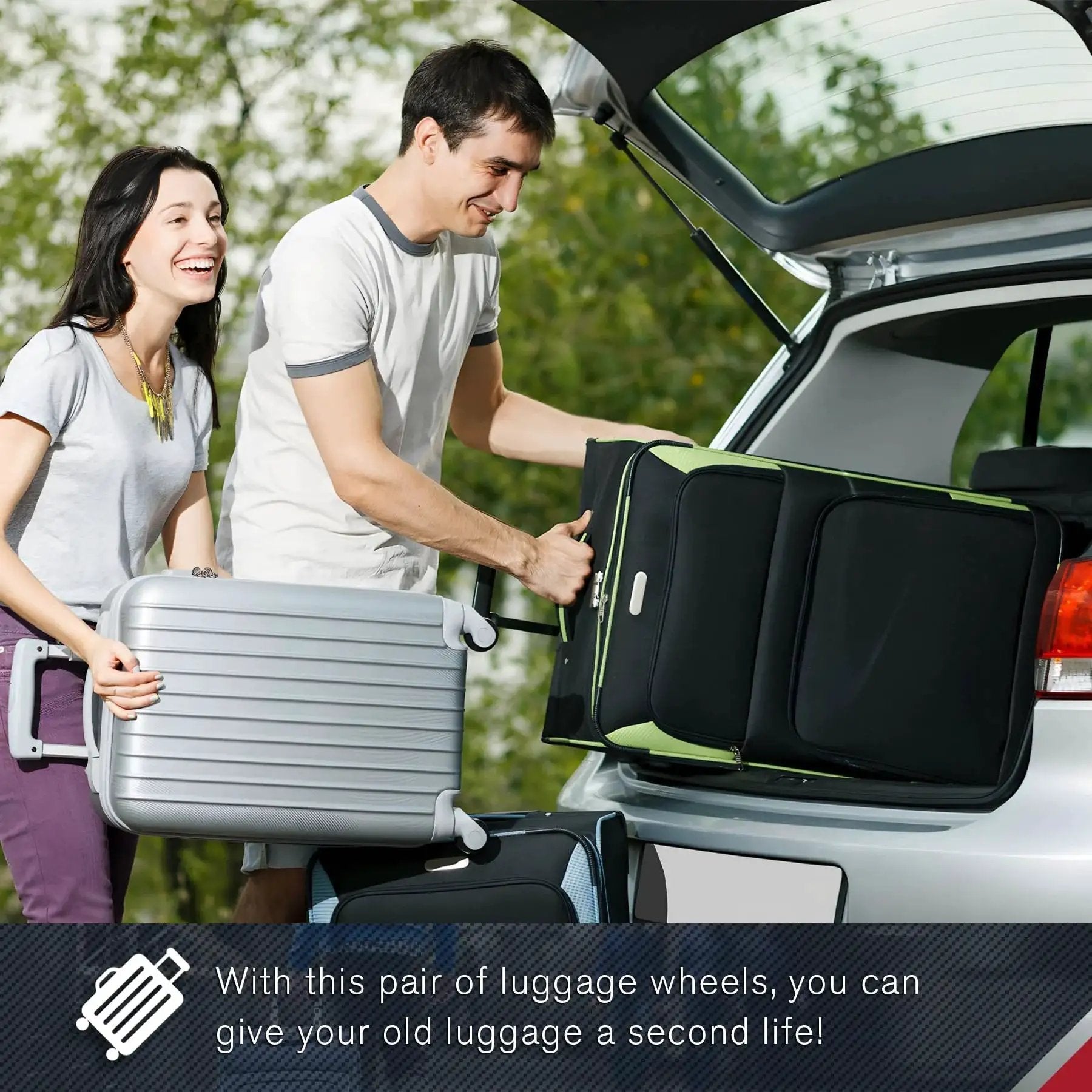 Couple loading luggage into car trunk, showcasing the Luggage Wheels Replacement Pair For Suitcases And Carry On Wear Resistant Spinner Wheels With Four Holes ZA 72A Not Universal Compatibility Check Wheel Shape Hole Pitch And Size Made From PVC And PP With Bearing For Smooth Rolling And Durable Use.