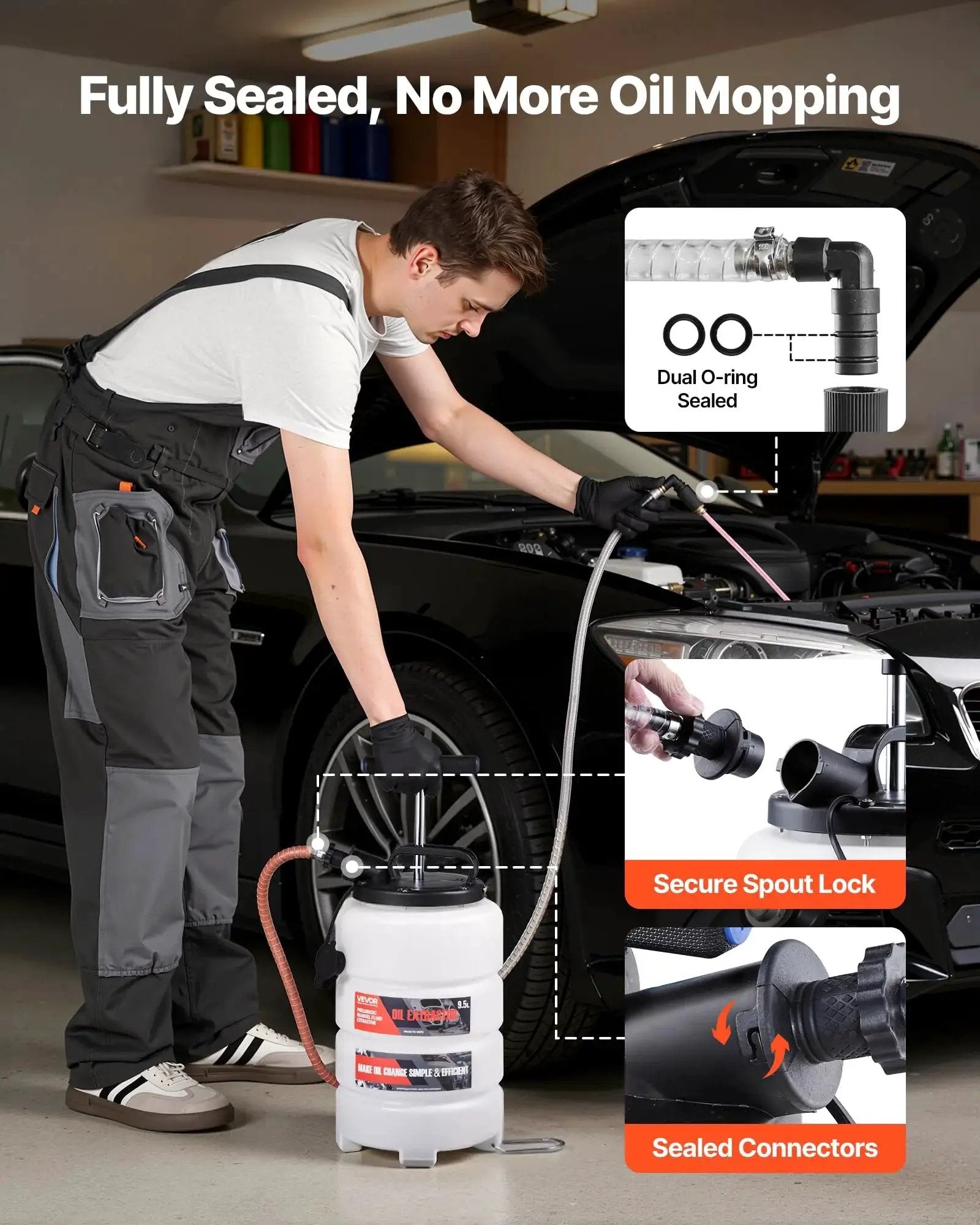 Person using 9.5 L Manual Oil Change Fluid Extractor Pump With Long Hose And Extension Tubes in garage setting