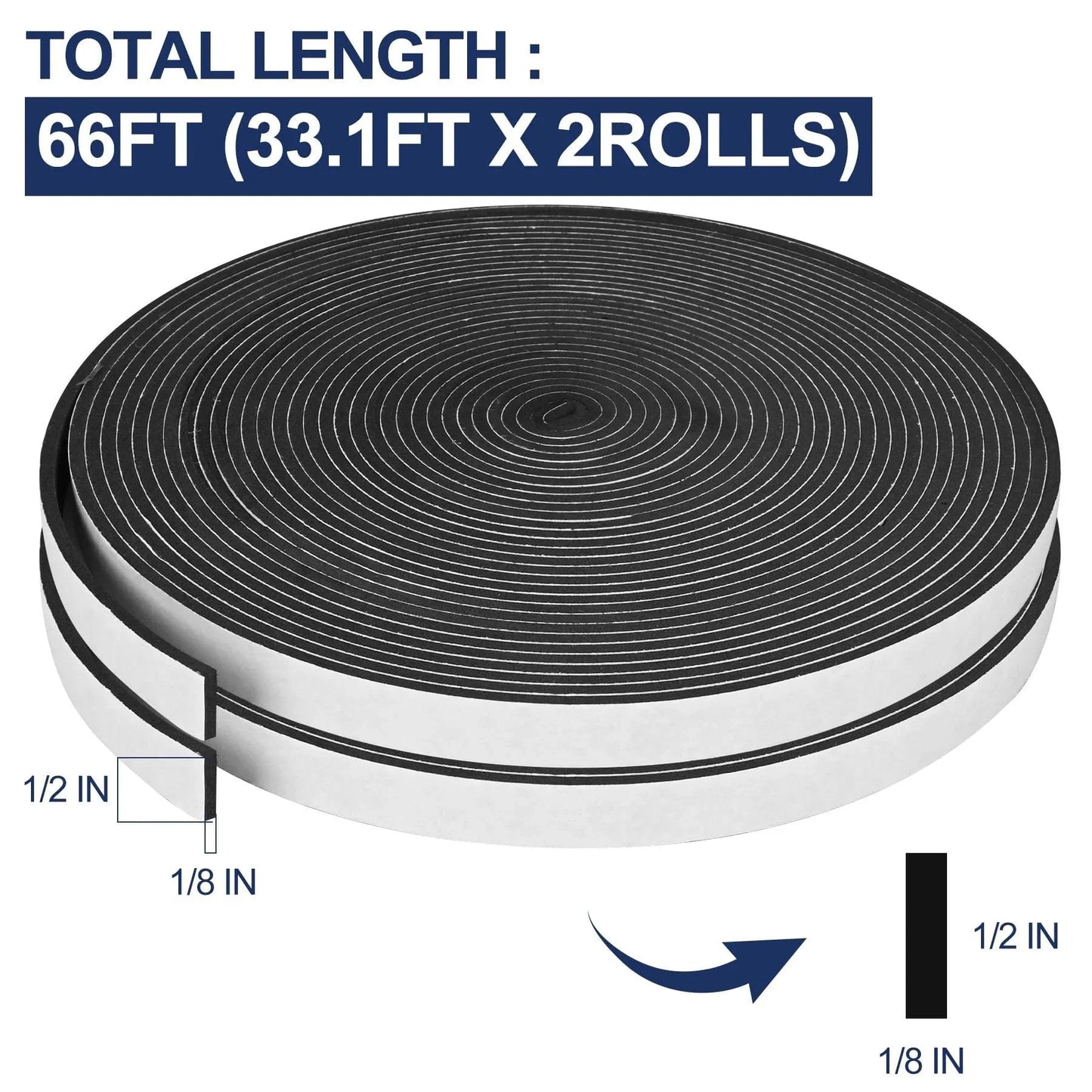 66Ft Self Adhesive EVA Foam Weather Stripping Tape For Doors And Windows, Half Inch By One Eighth Inch, 33.1Ft Per Roll