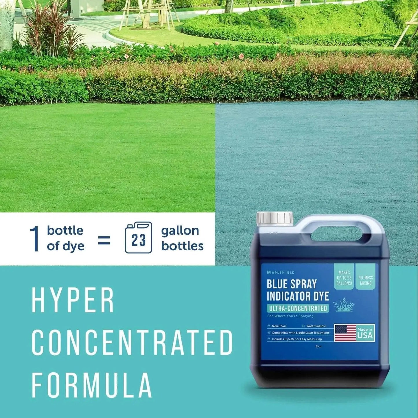 Blue Lawn Spray Indicator Dye For Sprayers 8 Oz Bottle With Pipette Easily Mark Treated Areas And Verify Spray Pattern With High Visibility Compatible With Any Garden Sprayer For Precise Lawn Care Maplefield shown with lawn.