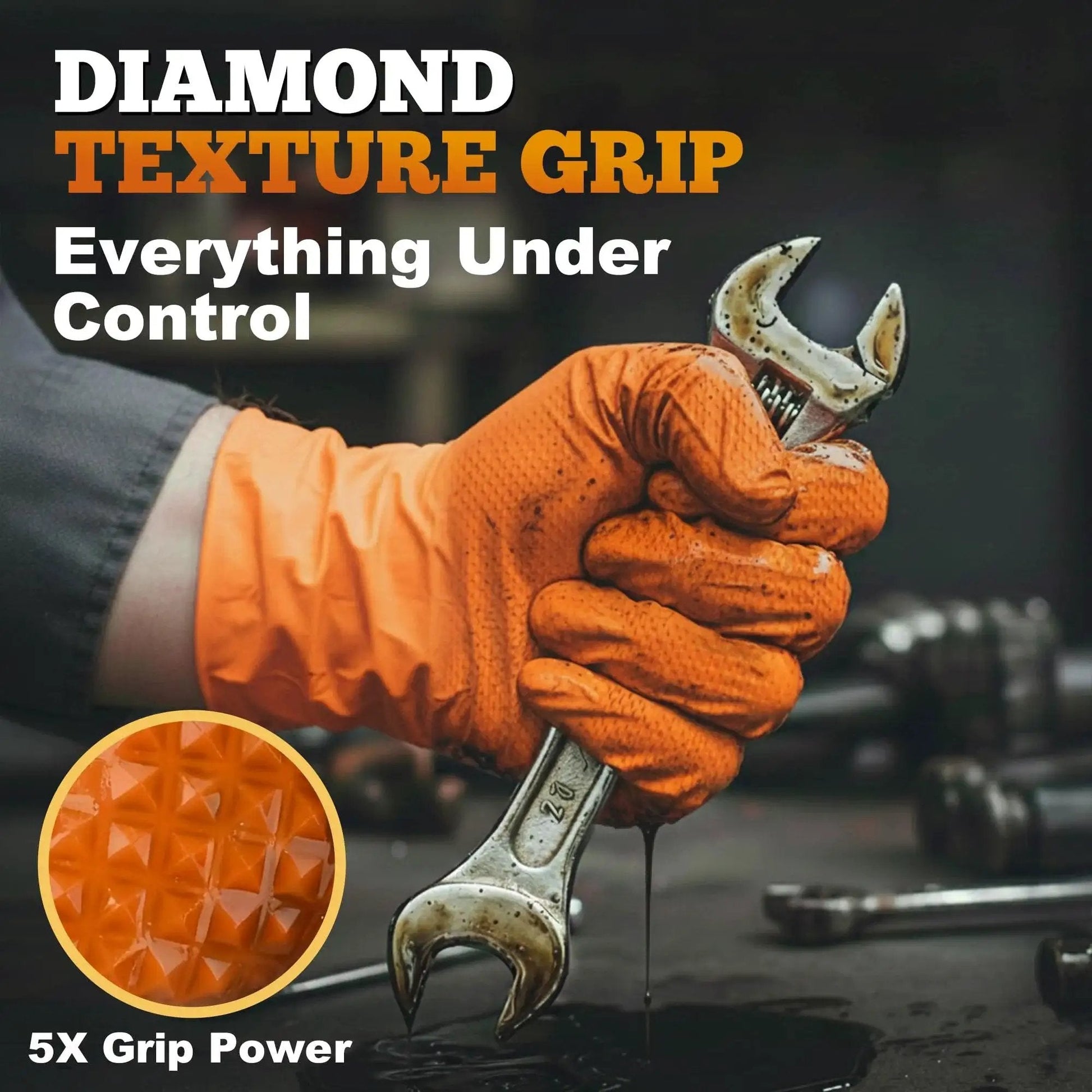 Heavy Duty Industrial Orange Nitrile Gloves 8 Mil With Diamond Grip Powder Free holding wrench in workshop setting.