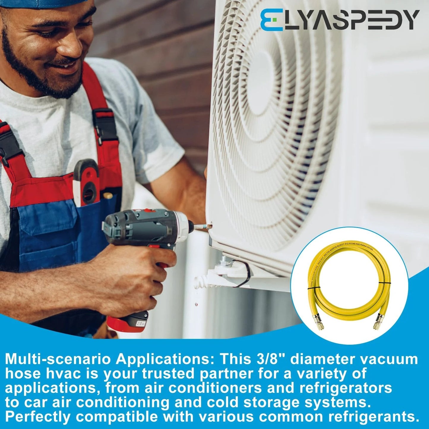 Technician using Upgrade Three Eighths Inch Refrigerant Hose With One Quarter Inch Flare Fittings Vacuum Certified Six Feet Long 800 PSI Working Pressure For R410A And All Common Refrigerants Yellow on AC unit