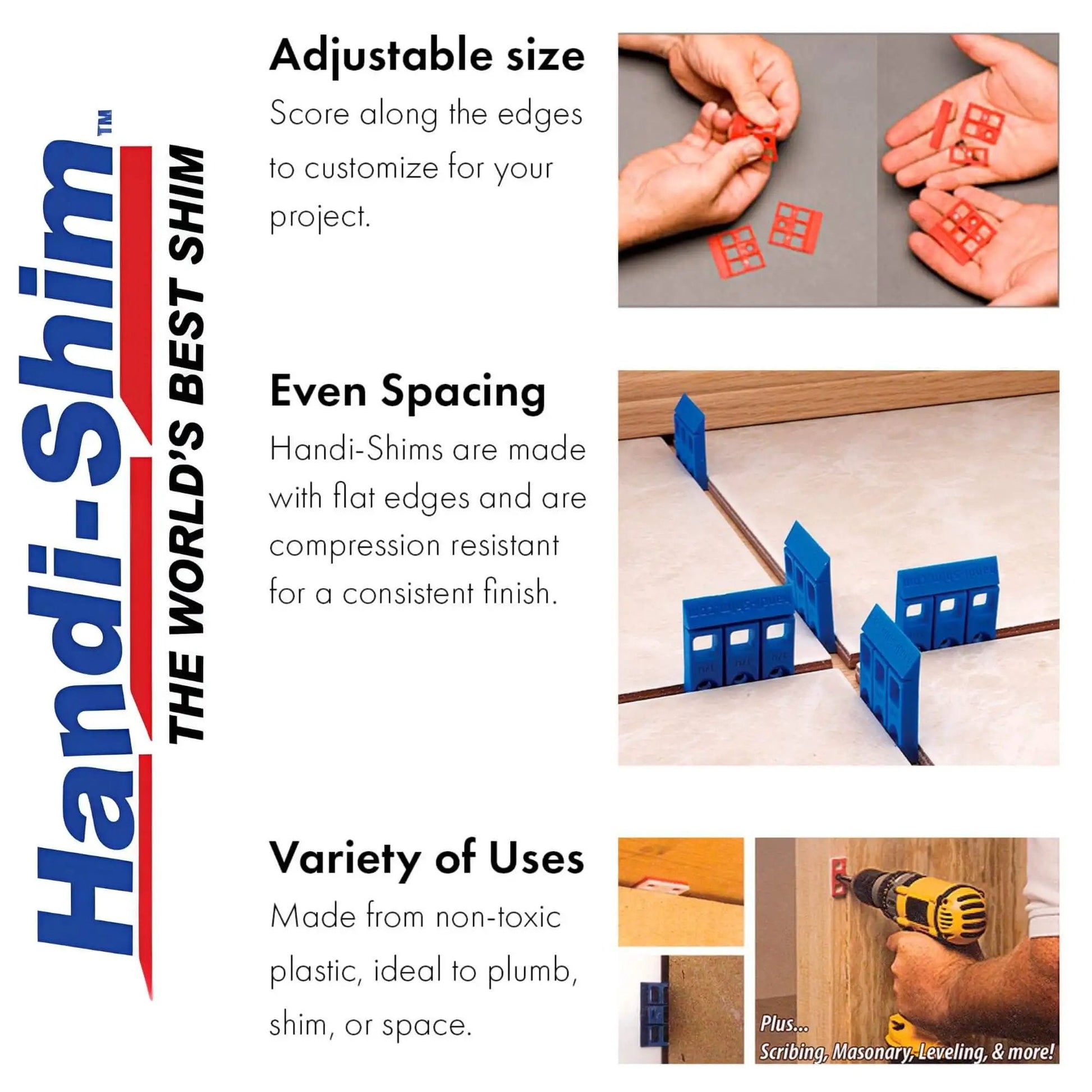 Heavy Duty Reusable Plastic Construction Shims For Spacing And Leveling, 40 Piece Assorted Pack In Four Sizes One Thirty Second Inch One Sixteenth Inch One Eighth Inch One Quarter Inch Ideal For Deep Applications Handi Shim showing adjustable sizing, even spacing, and various usage examples.