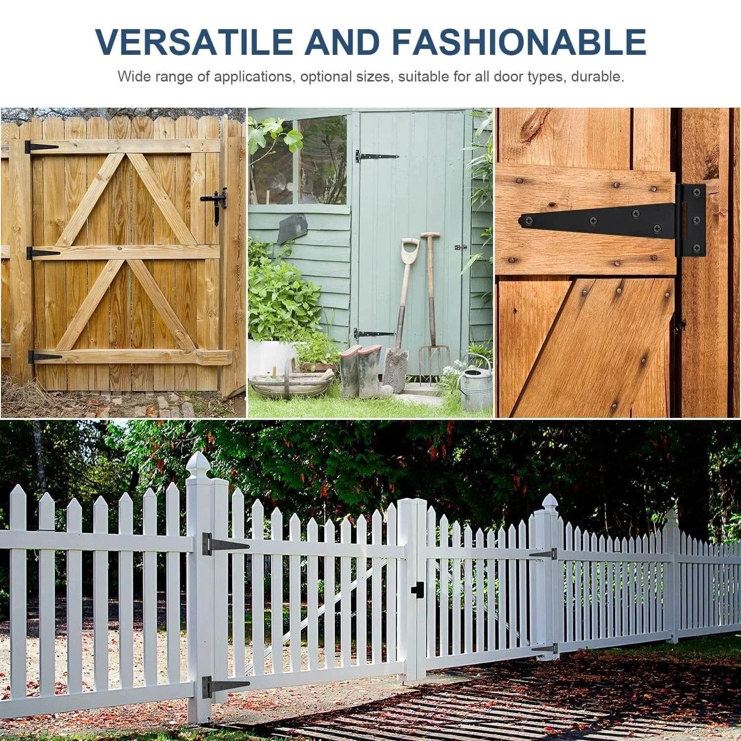 Various outdoor uses of Six Pack 3 Inch Black T Strap Shed Door Hinges for wood barn doors, gates, and fences.
