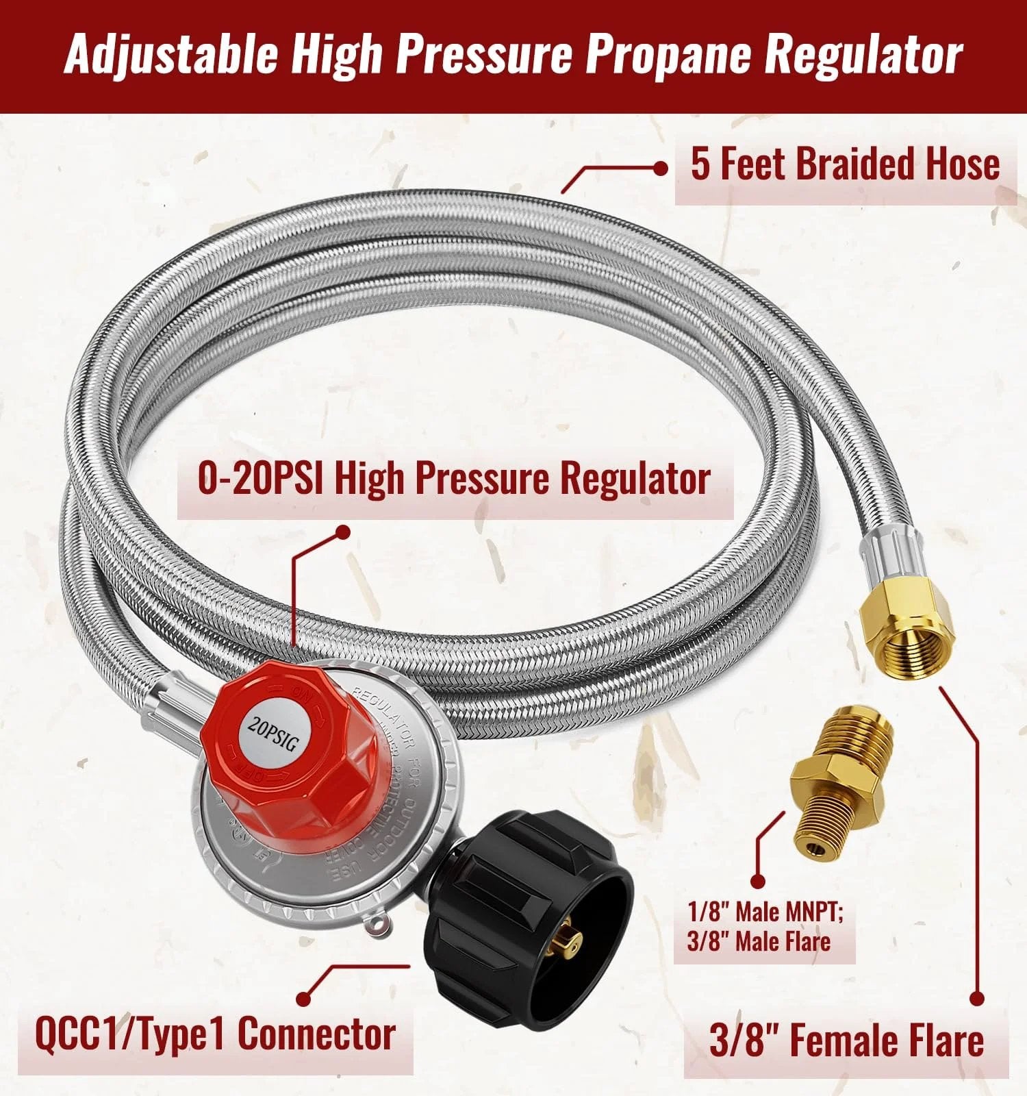 High Pressure 5 Foot Propane Regulator Hose With Adjustable 0 To 20 PSI Braided Stainless Steel showing connectors