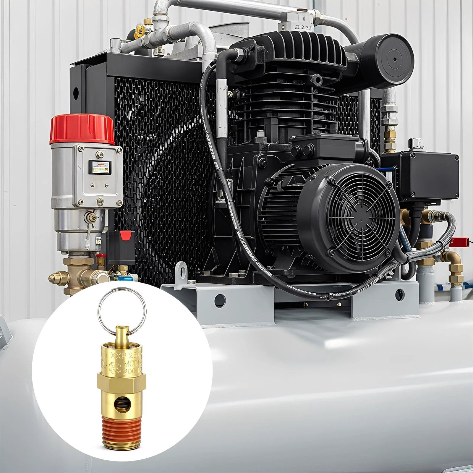 2 Pack One Quarter Inch NPT Air Compressor Check Valve With 200 PSI Pressure Relief Brass Safety Valves next to compressor