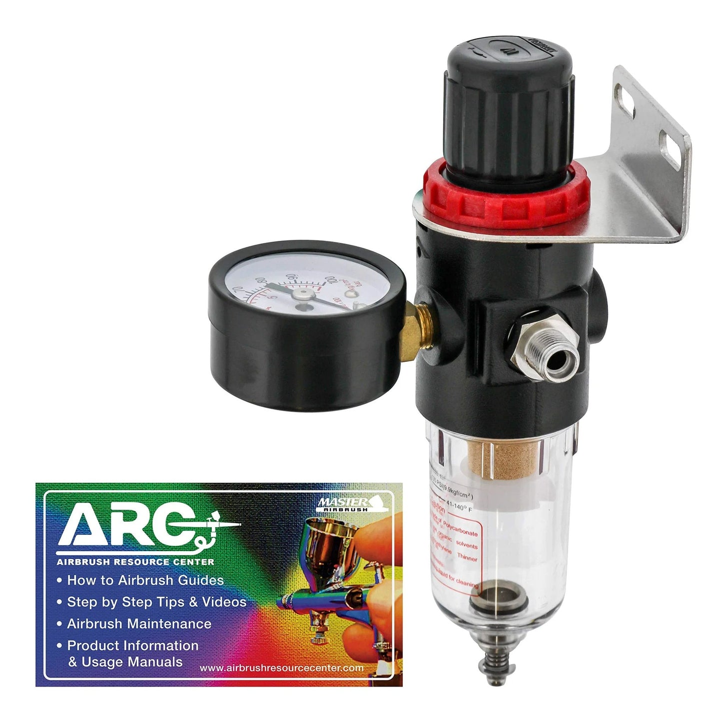 Pro Grade Airbrush Regulator With True Diaphragm Design, Gauge, Water Moisture Trap And Filter for clean airflow visible.