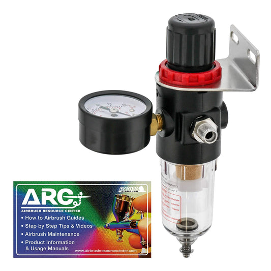 Pro Grade Airbrush Regulator With True Diaphragm Design, Gauge, Water Moisture Trap And Filter for clean airflow visible.