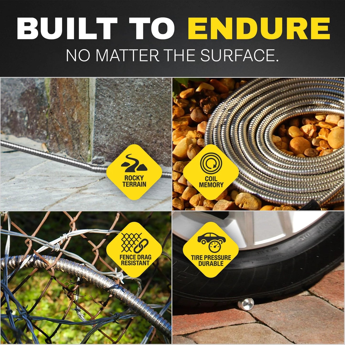 Heavy Duty 10 Ft Hose Extensions For Garden Hose Reel, Five Eighth Inch Connector, Leak Proof, Non Kinking, Flexible Hose Extension With Brass Fittings Bionic Steel demonstrating versatility on rocky terrain, near a tire, and against a fence.