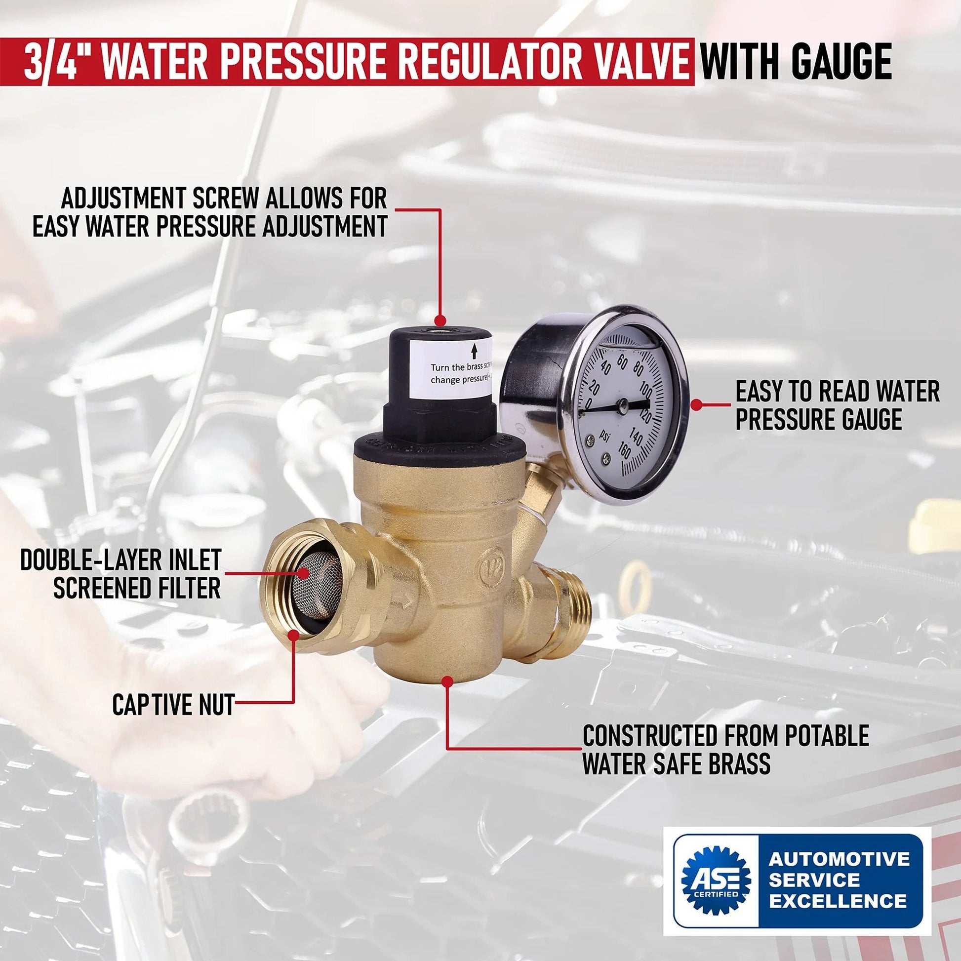 3/4 inch RV Water Pressure Regulator With Gauge, Adjustable From Zero To One Sixty PSI, brass valve for RV, campers, trailers.