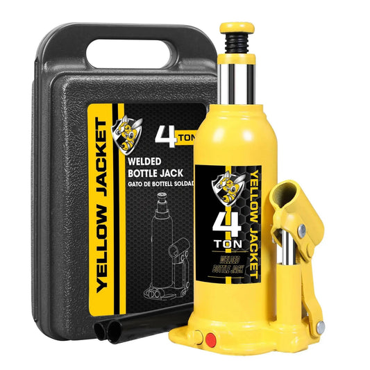 Yellow 4 Ton Multi Directional Welded Bottle Jack With Carrying Case for Car Repair next to black carrying case