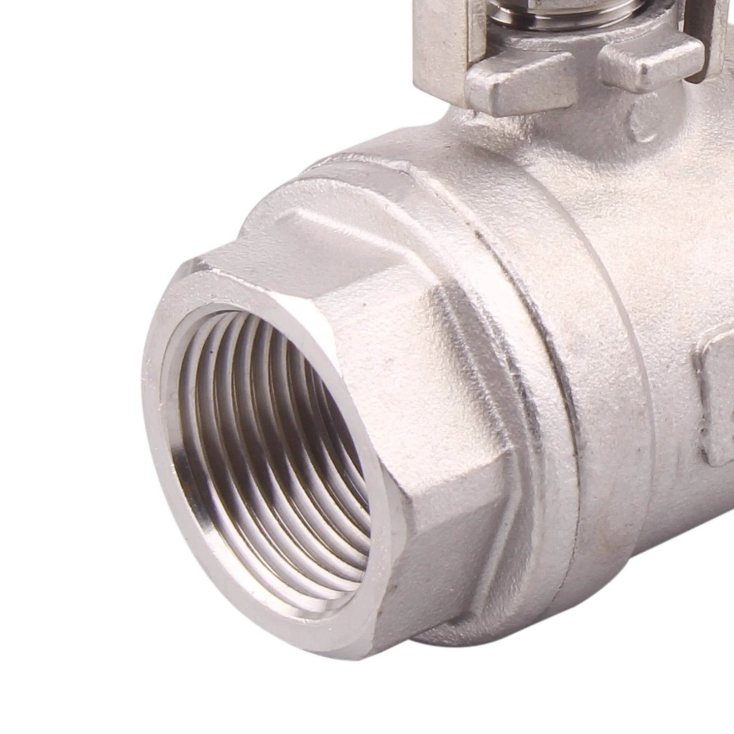 Close-up of the Heavy Duty Stainless Steel 304 Ball Valve With Locking Device From Dernord, showing threaded port for Water Oil Gas applications.