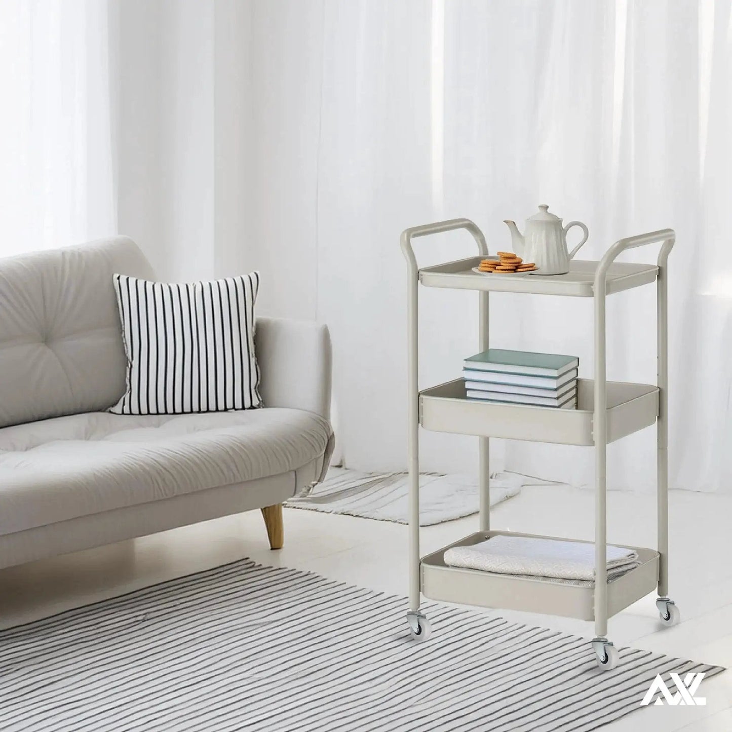 Living room with a beige rolling cart on M8x15mm Threaded Stem Caster Wheels 2 Inch Heavy Duty Swivel Casters with Brakes