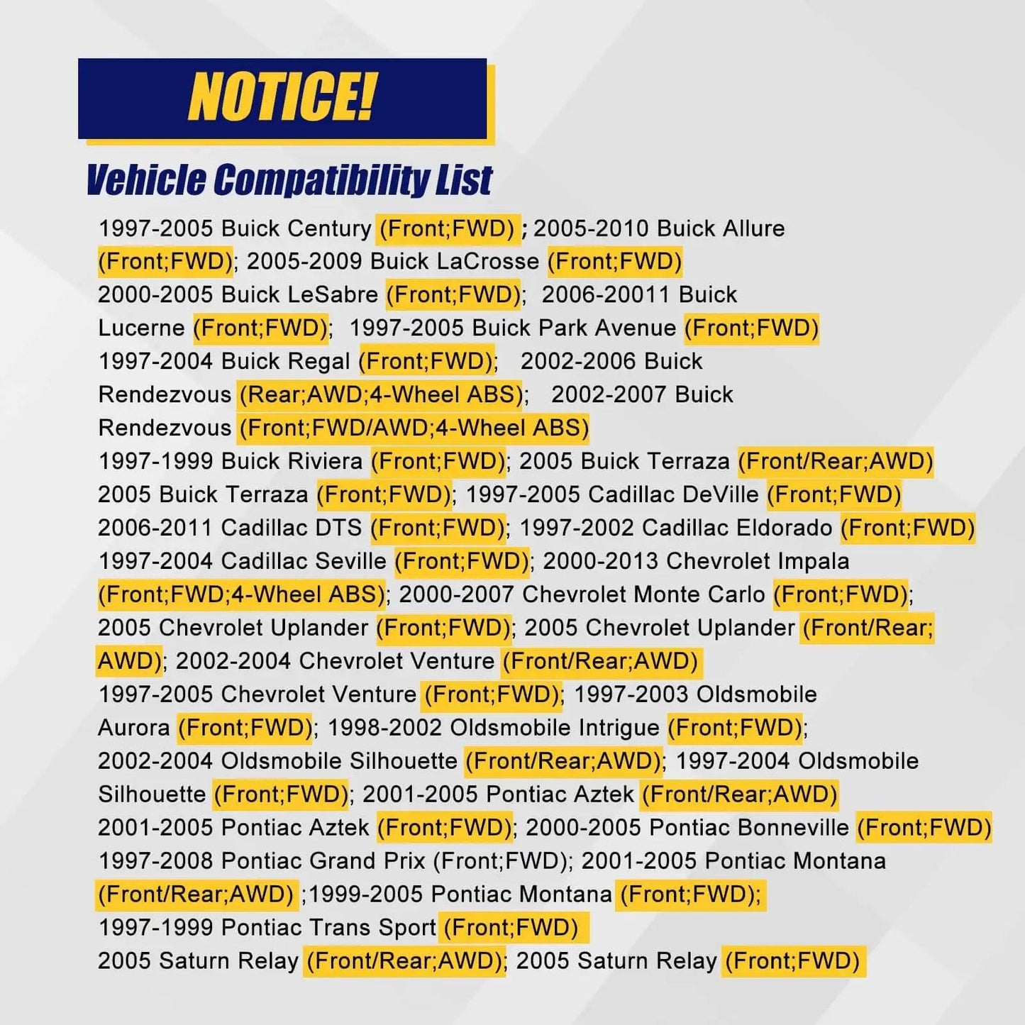Compatibility list for Front/Rear Sealed Wheel Hub and Bearing Assembly 513121 for GM models with FWD/AWD and ABS.
