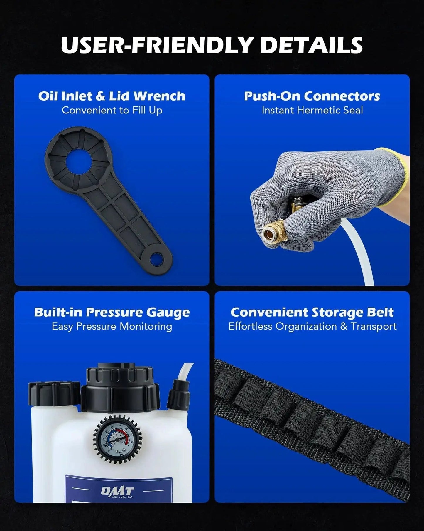 Details of 3L Transmission Fluid Pump With 12 ATF Adapters And Pressure Gauge showing oil inlet, push-on connectors, pressure gauge, storage belt
