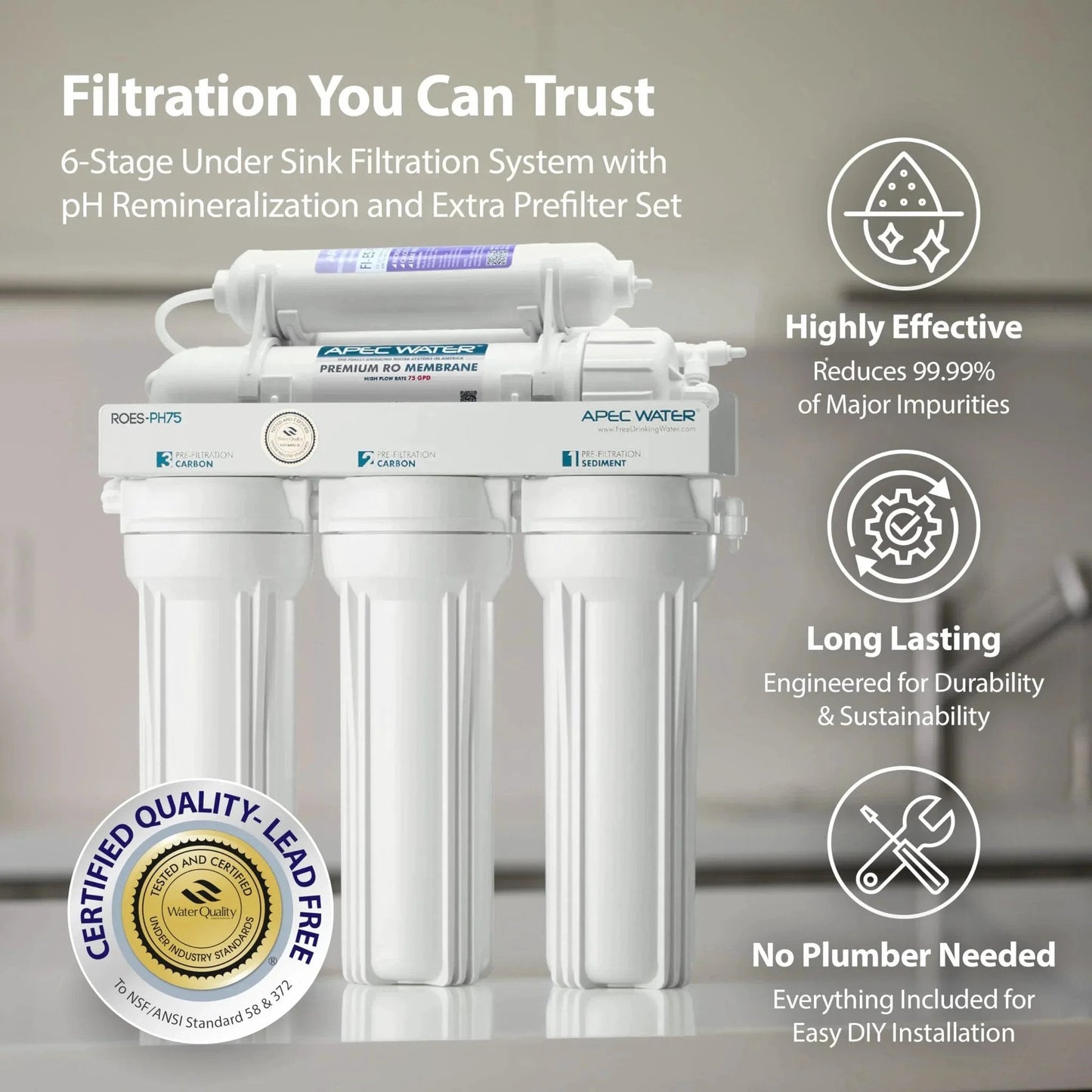 Essence Series 75 GPD 6 Stage Alkaline Mineral PH Plus Reverse Osmosis Drinking Water Filter System With Ultra Safe Filtration installed.