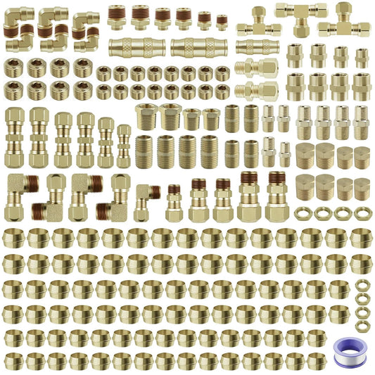 Brass DOT Air Line Fittings Kit With Push To Connect Quick Connects 220 Pcs Includes Air Nylon Tube Compression Pipe Fittings And Hex Plug One Quarter Inch One Eighth Inch Three Eighths Inch One Half Inch NPT For Air Brakes And DIY Workshops displayed in rows.