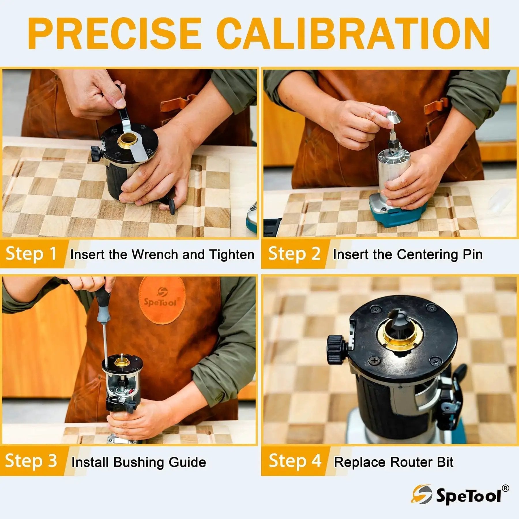 Demonstration of Pro Grade 13 Piece Brass Router Templates Bushing Guide Set With Locking Wrench Centering Pin And Aluminum Case SpeTool installation steps