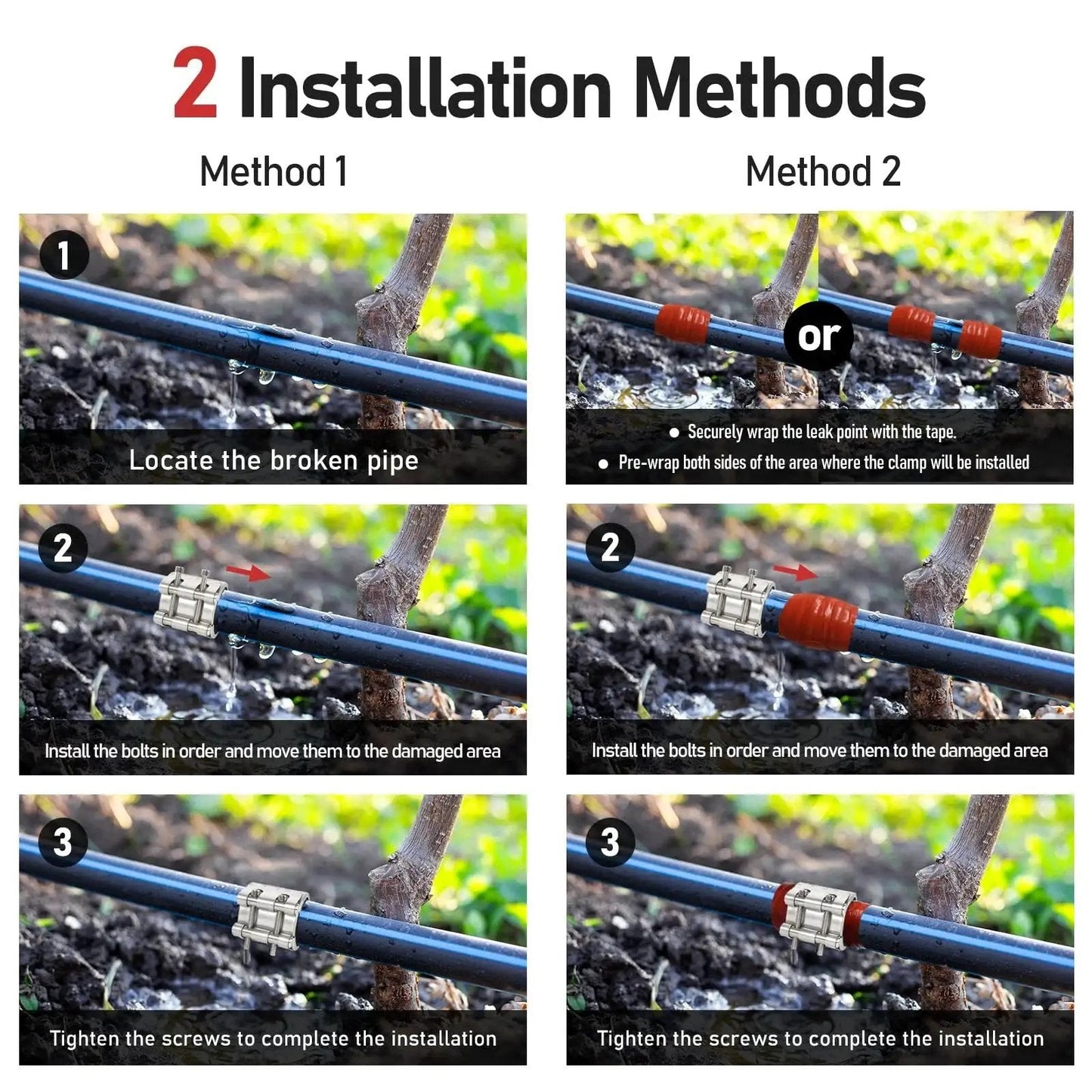 Installation guide for Upgraded Pipe Repair Clamp With M1 Self Adhesive Leak Sealing Tape for 25-28mm pipes, showing two methods.