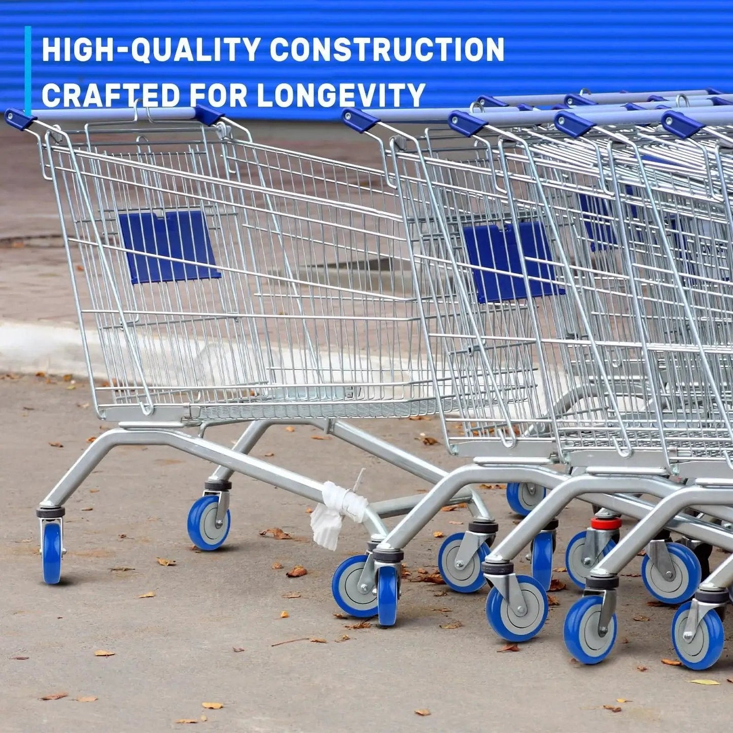 Five Inch Shopping Cart Wheel Set With Dual Precision Bearings And Polyurethane Tread Blue Crown installed on carts on pavement.