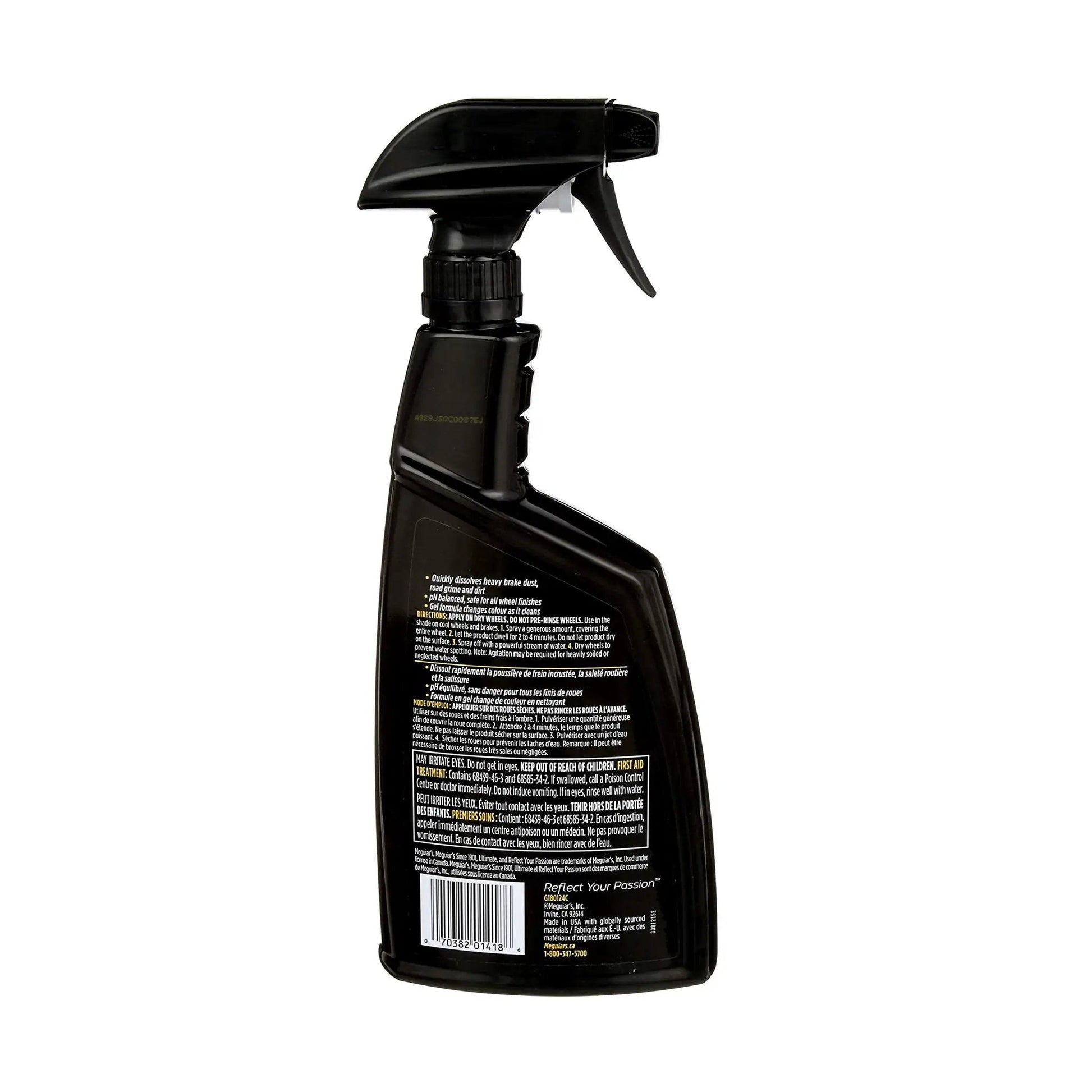 Back view of 24 oz Meguiars Fast Acting All Wheel Cleaner That Destroys Brake Dust, acid free, pH balanced.