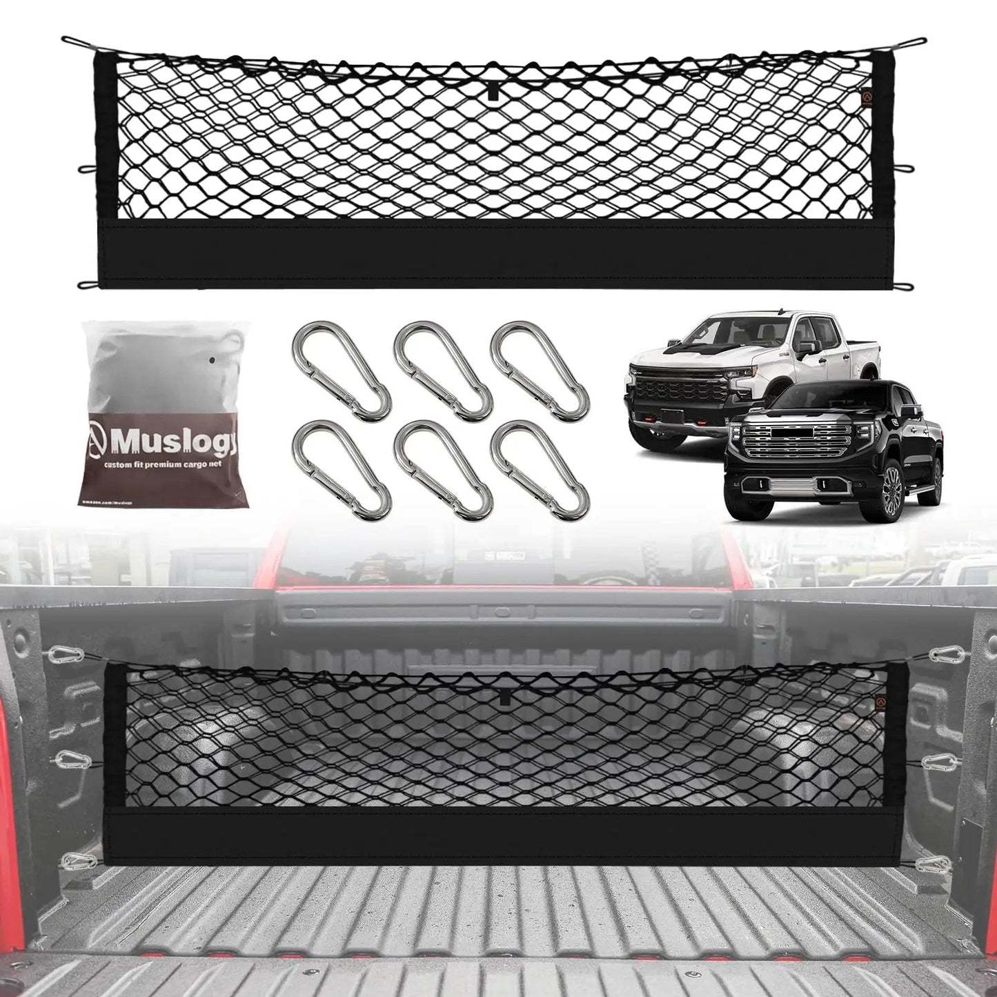 Heavy Duty Truck Bed Cargo Net For Silverado And Sierra Fits 2013 To 2026 1500 2500HD 3500HD with carabiners and packaging.
