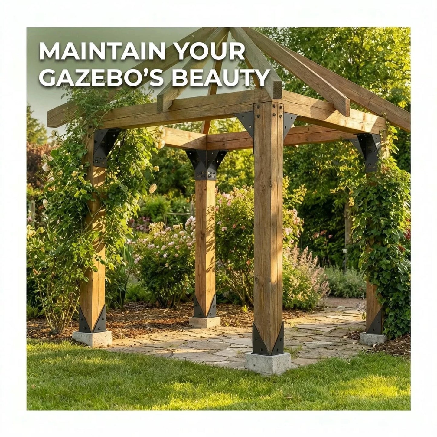 Gazebo supported by Eight Piece Post Base Pergola Bracket Kit Inner Size 3.5 Inch By 3.5 Inch Heavy Duty Black Powder Coated Steel 2.0 Mm Thick