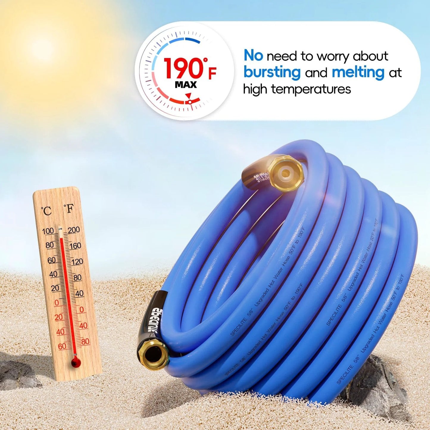 Tough As Nails Heavy Duty Garden Hose 50 Feet Long 5 Eighth Inch Diameter Hot Cold Water Flexible Rubber Hose With Three Quarter Inch Brass Fittings Burst Pressure 605 PSI Lightweight Blue For Backyard Outdoor Farm Minus Fifty To One Hundred Ninety in coiled view on sand with thermometer showing 190°F.