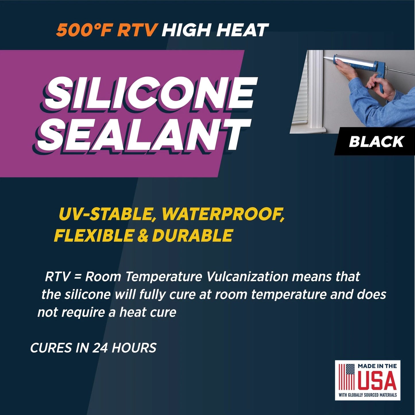 Package and usage view of High Temp Silicone Sealant For Extreme Heat 500 Degree RTV Black Gasket Maker And Adhesive That Stays Flexible UV Stable Oil Resistant And Non Corrosive Bonds To Glass Metal Plastics Wood Brick Stone Rutland USA Made.