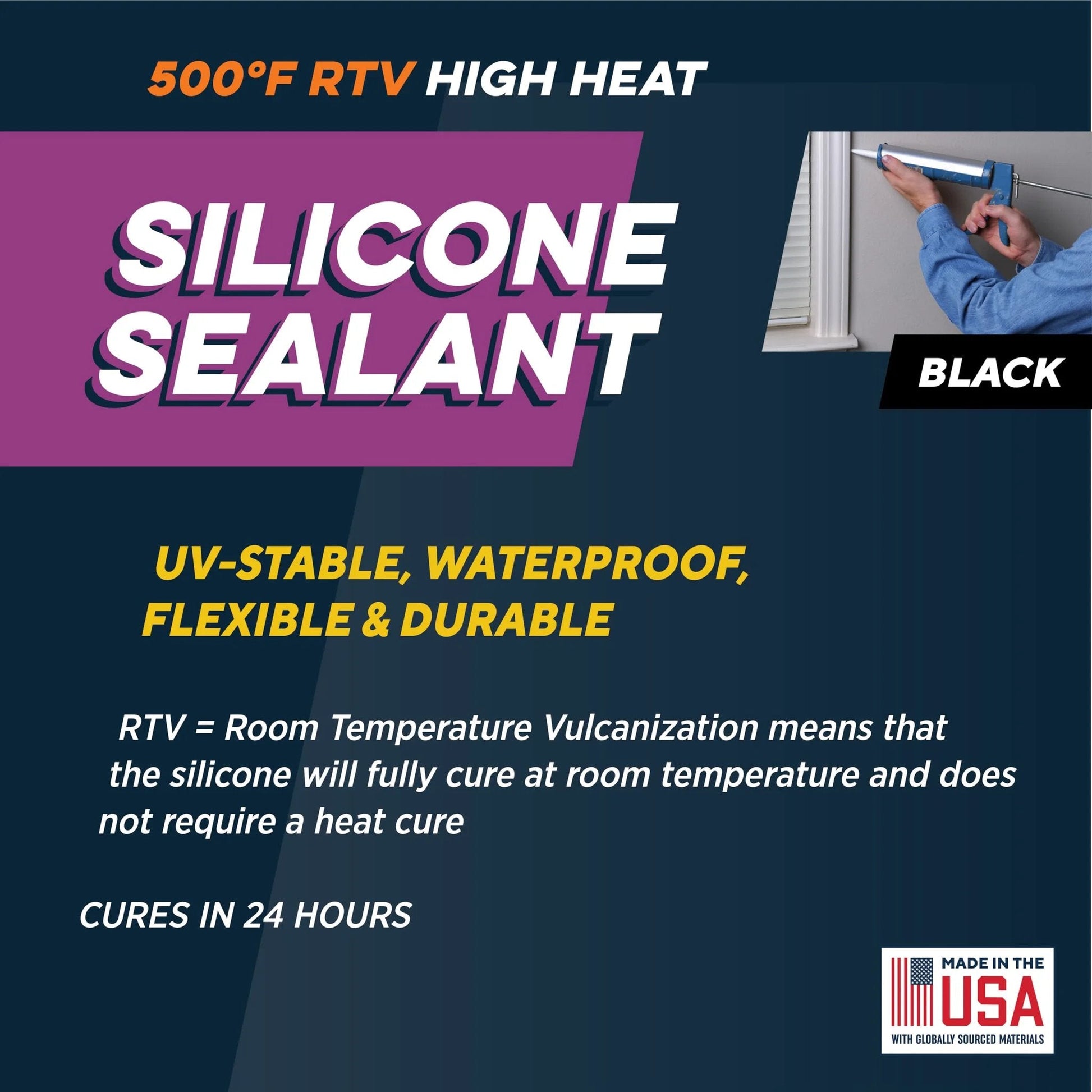 Package and usage view of High Temp Silicone Sealant For Extreme Heat 500 Degree RTV Black Gasket Maker And Adhesive That Stays Flexible UV Stable Oil Resistant And Non Corrosive Bonds To Glass Metal Plastics Wood Brick Stone Rutland USA Made.