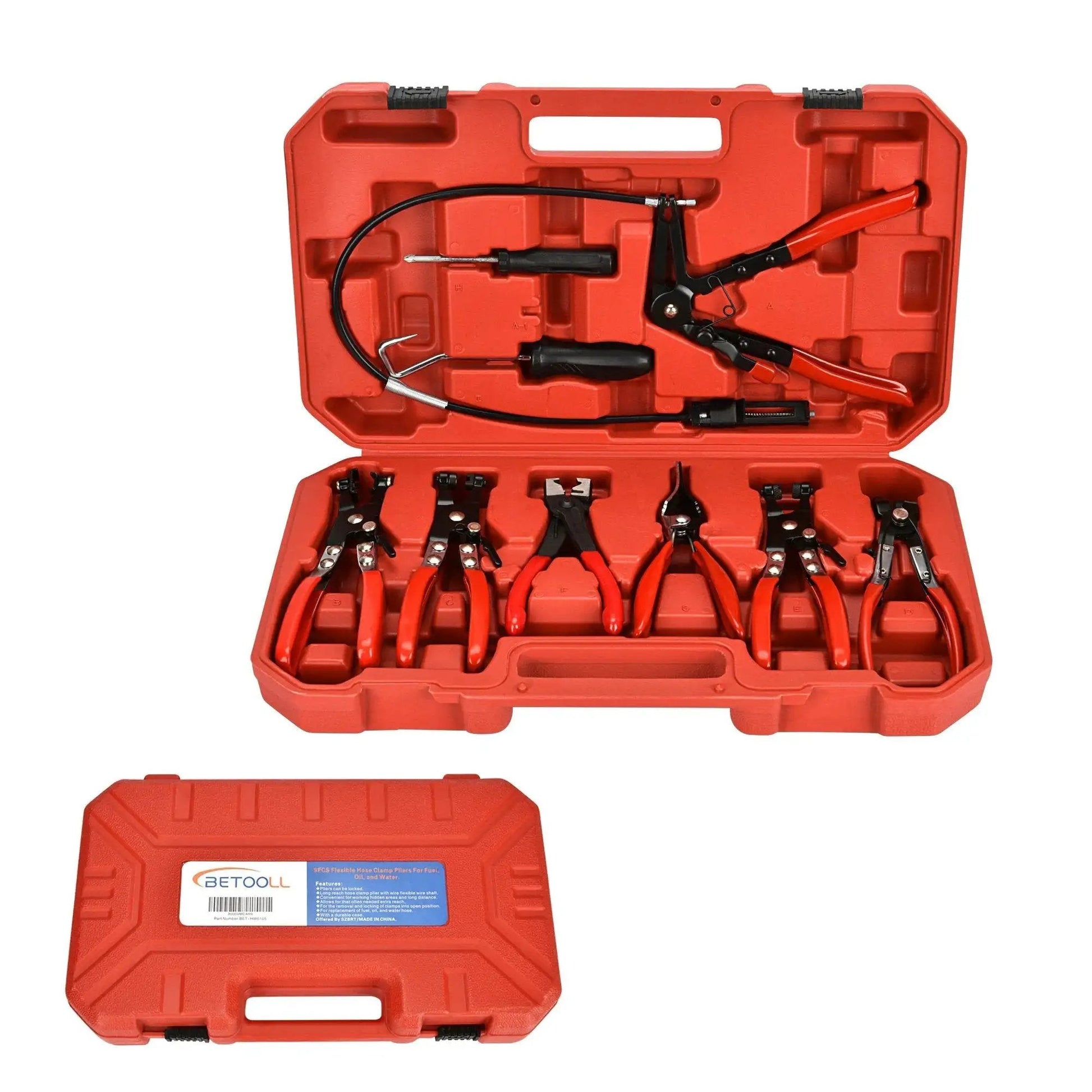 9Pc Hose Clamp Pliers Set With Reach Swivel Jaw Clic R Type For Coolant Hoses in red carrying case