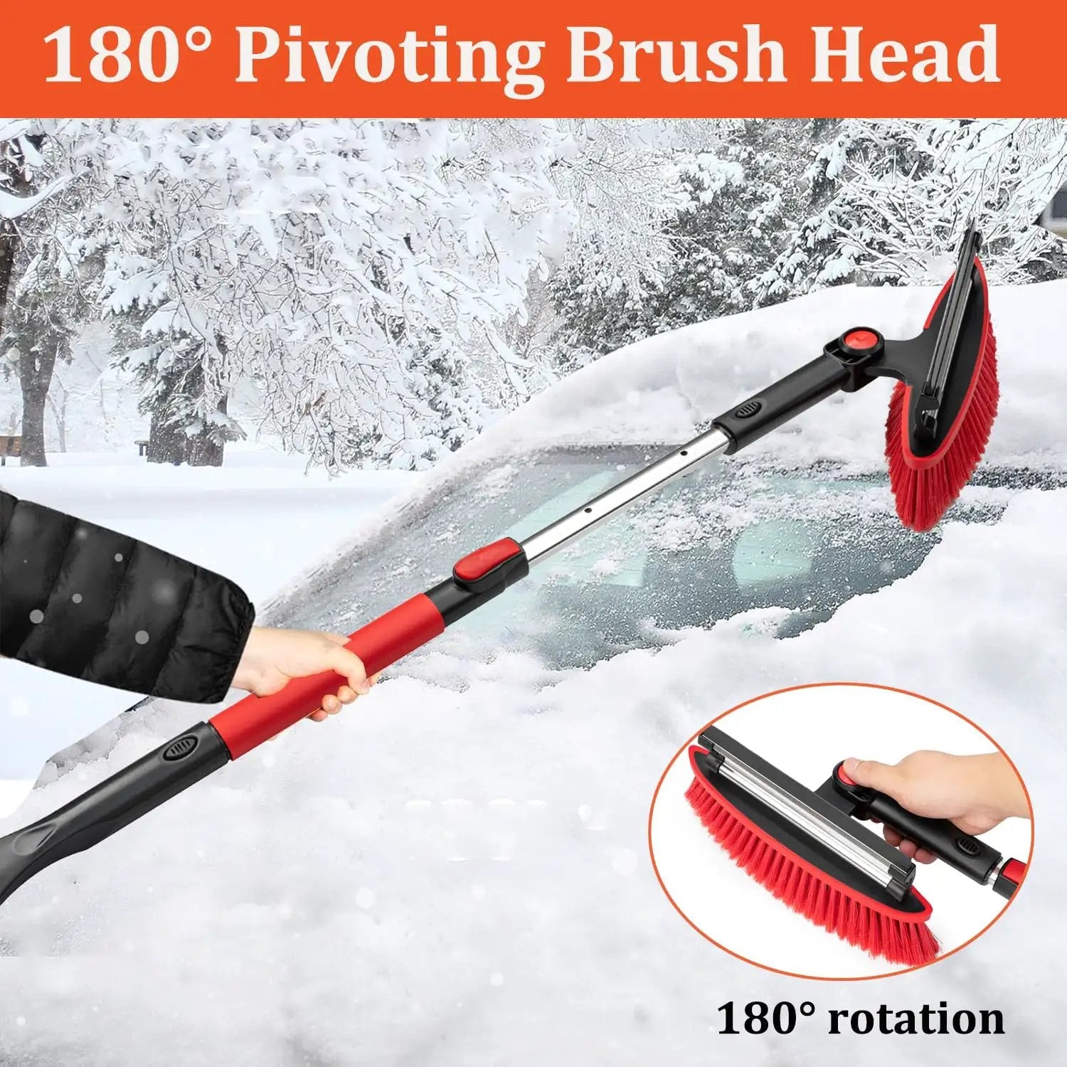 Heavy Duty Car Snow Brush Ice Scraper With Squeegee And Extendable 40 Inch Handle CGACOL shown with 180° pivoting brush head for snow removal.