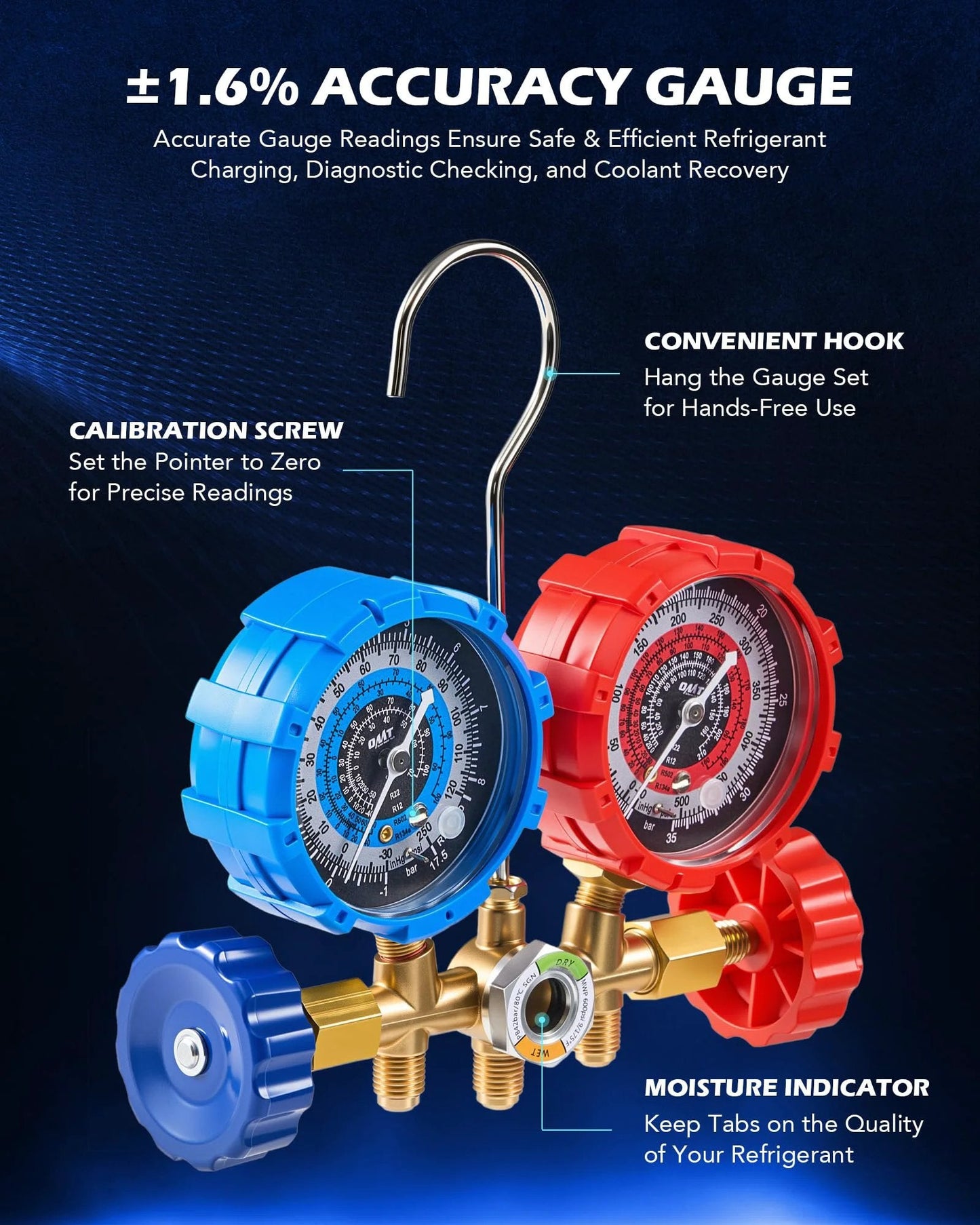 3-way manifold and accuracy gauge of Garage-Ready Auto AC Vacuum Pump Kit With Gauge And Leak Detector, 1/3 HP, 4 CFM