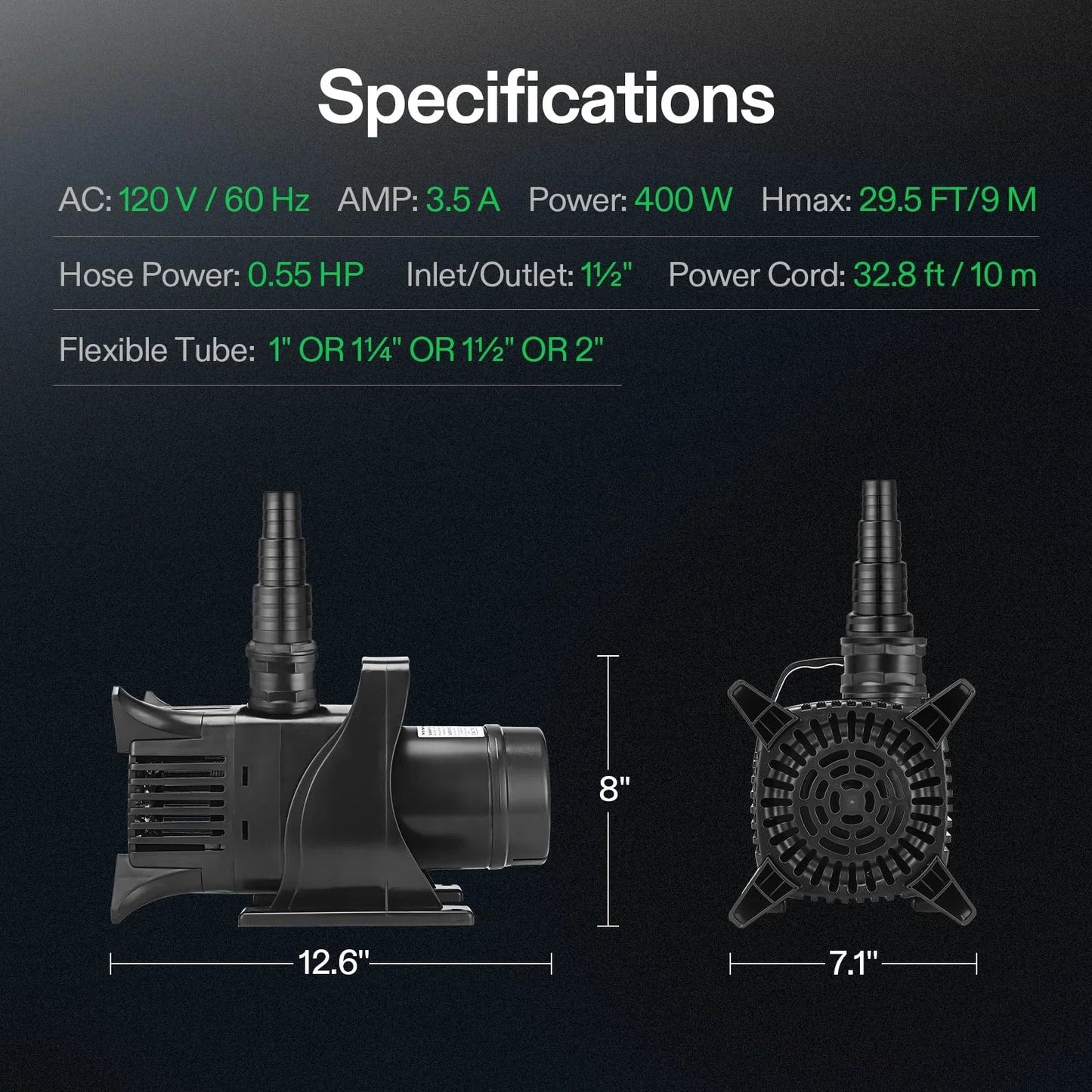 Ultra Quiet Submersible Water Pump 5284 GPH For Ponds Aquariums Waterfalls And Hydroponics 400W With 29.5 Ft Lift Durable IP68