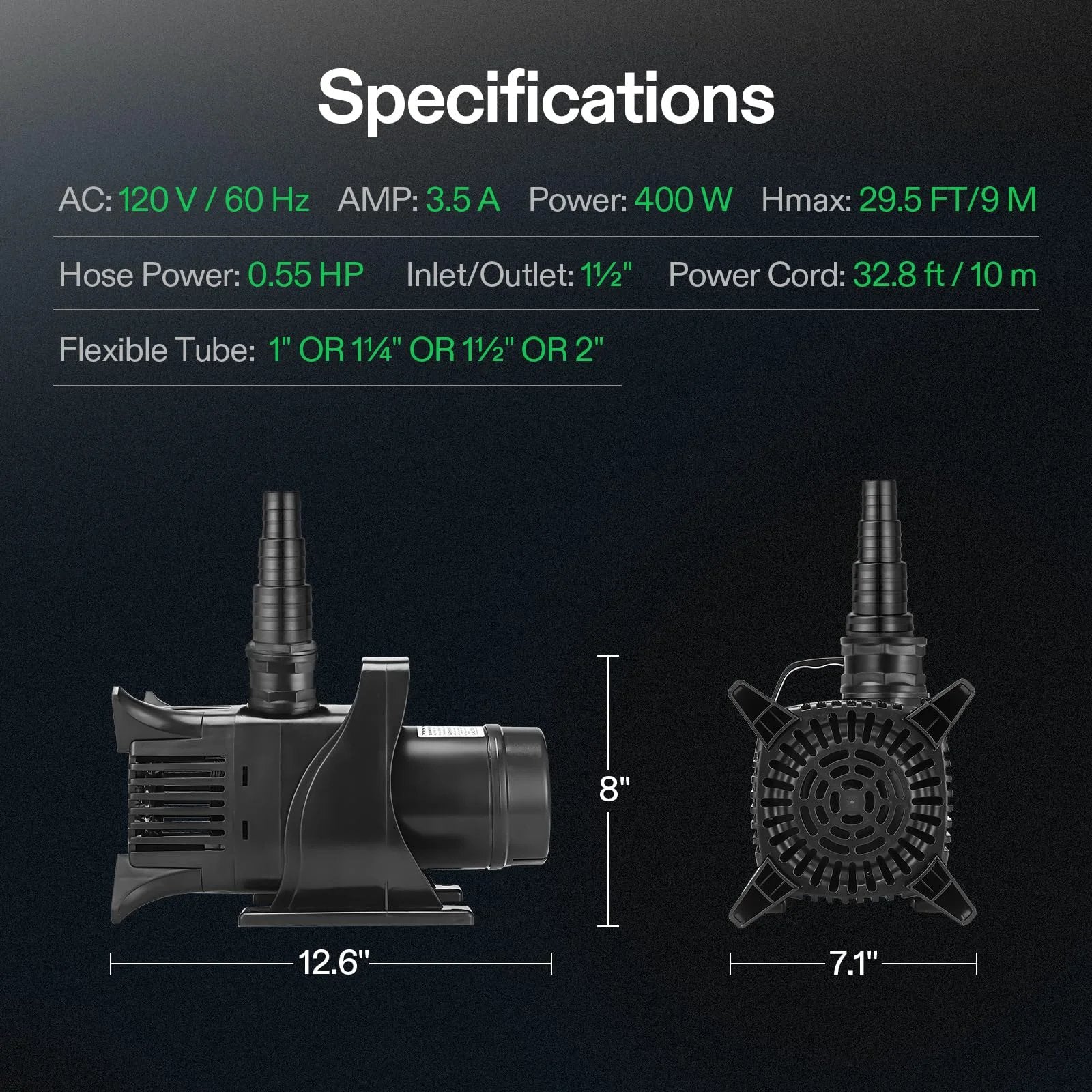 Ultra Quiet Submersible Water Pump 5284 GPH For Ponds Aquariums Waterfalls And Hydroponics 400W With 29.5 Ft Lift Durable IP68