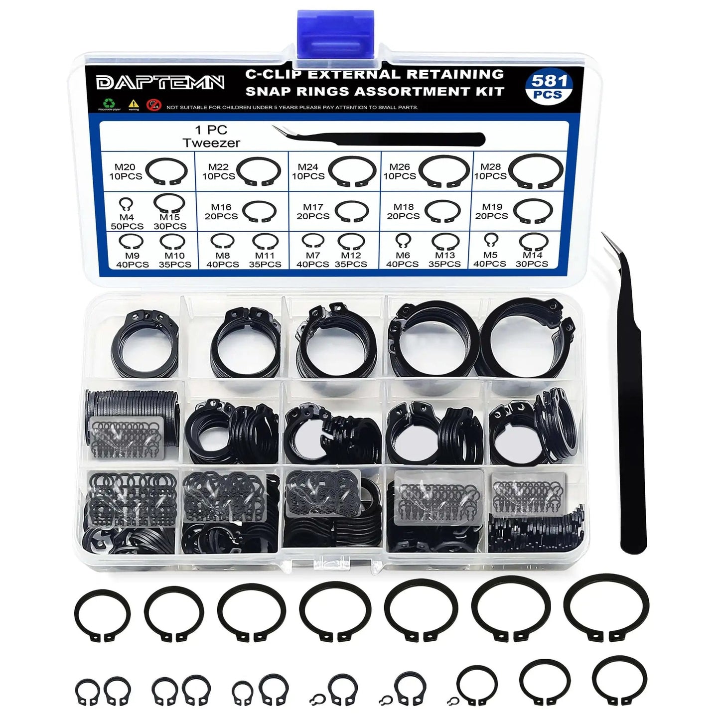 Pro Grade External Retaining Rings Kit With 580 Pcs Circlip Snap Ring Set For Bearings M4 To M28 In Black Alloy Steel Includes 1 Pc Tweezers And Easy Storage Case From Daptemn