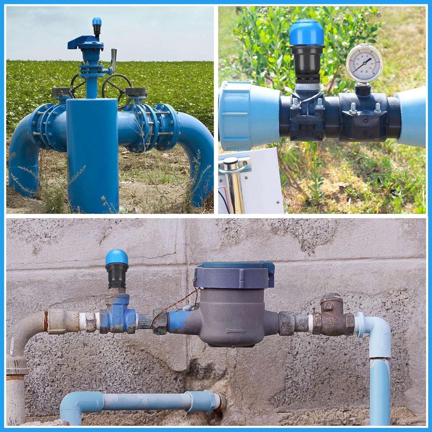 2 Pack Three Quarter Inch Air Release Valve For Drip Irrigation Systems installed on various pipes in agricultural setup