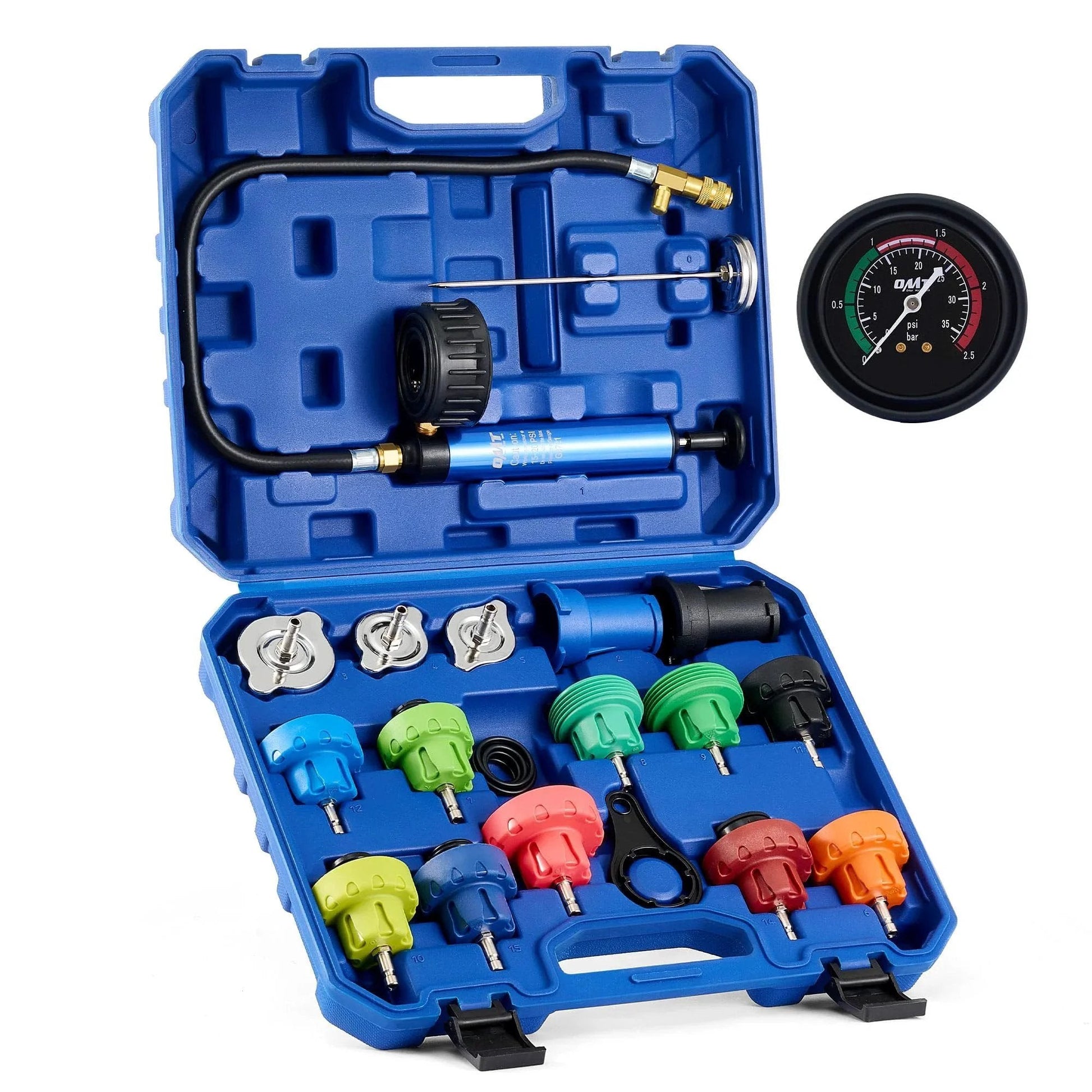 Complete 19 Piece All In One Coolant Pressure Tester Kit With 15 Adapters, Vacuum Pump, Probe Thermometer and Wrench in case