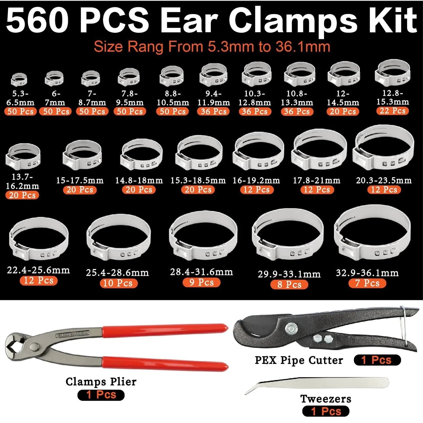 560Pcs Single Ear Hose Clamps Assortment Kit 304 Stainless Steel 22 Size 5.3-36.1Mm Cinch Crimp Hose Clamp Stepless Pinch Clamp With Tools