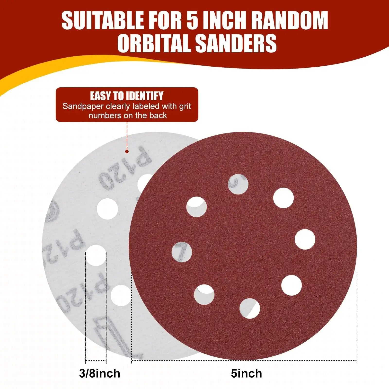 Front view of 70 Pcs 5 Inch Sanding Discs Set With 9 Grits 40 To 800 Hook And Loop Sander for orbital sanders