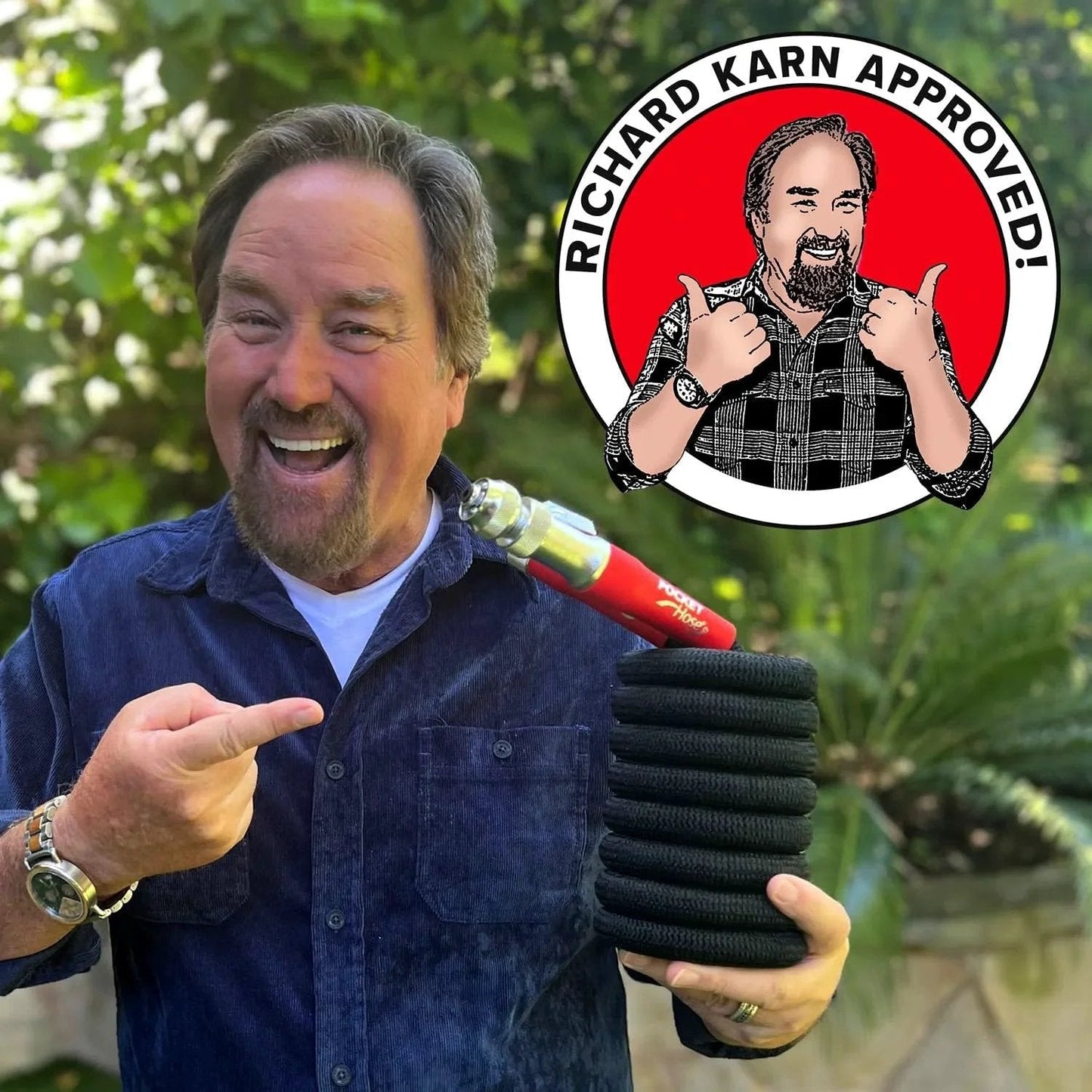 Man holding Expandable 50 Ft Garden Hose With Turbo Shot Nozzle For Quick Water Flow from Pocket Hose Silver Bullet Two Point Zero