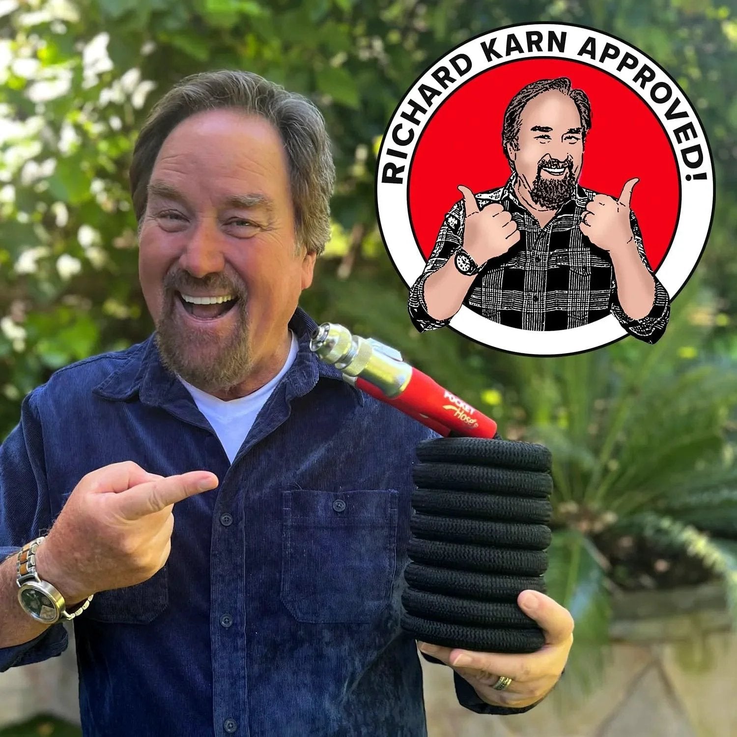 Man holding Expandable 50 Ft Garden Hose With Turbo Shot Nozzle For Quick Water Flow from Pocket Hose Silver Bullet Two Point Zero