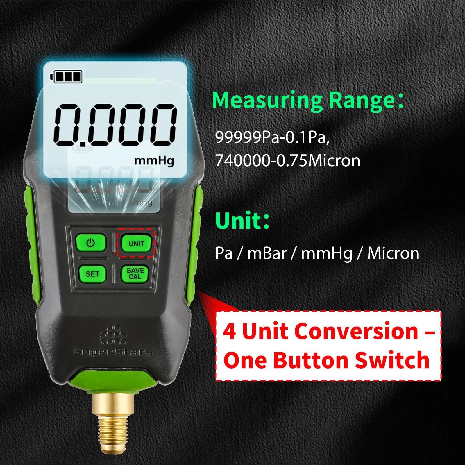 Digital Micron Vacuum Gauge For HVAC With Alarm And Temp Compensation, One Quarter Inch SAE Port, LCD Backlit Display