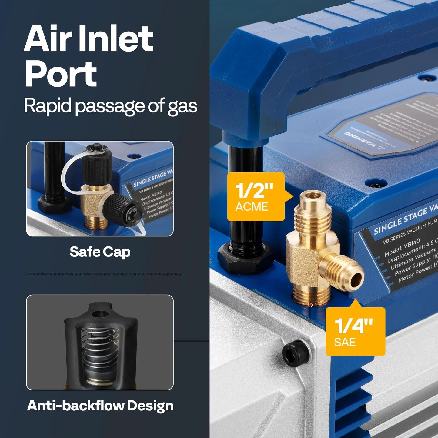 Close-up of Heavy Duty 110V One Third HP Vacuum Pump And AC Manifold Gauge Kit showing air inlet port and valve features.