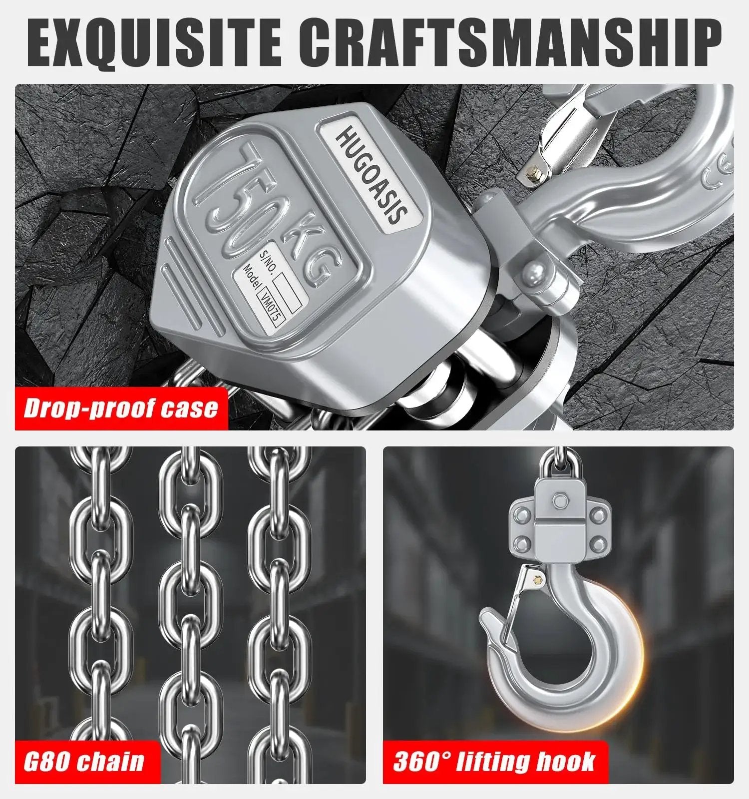 Compact Mini Lever Hoist Three Quarter Ton Capacity 1650 Lbs 10 Ft Lift Aluminum Housing G80 Chain Dual Brake Puller