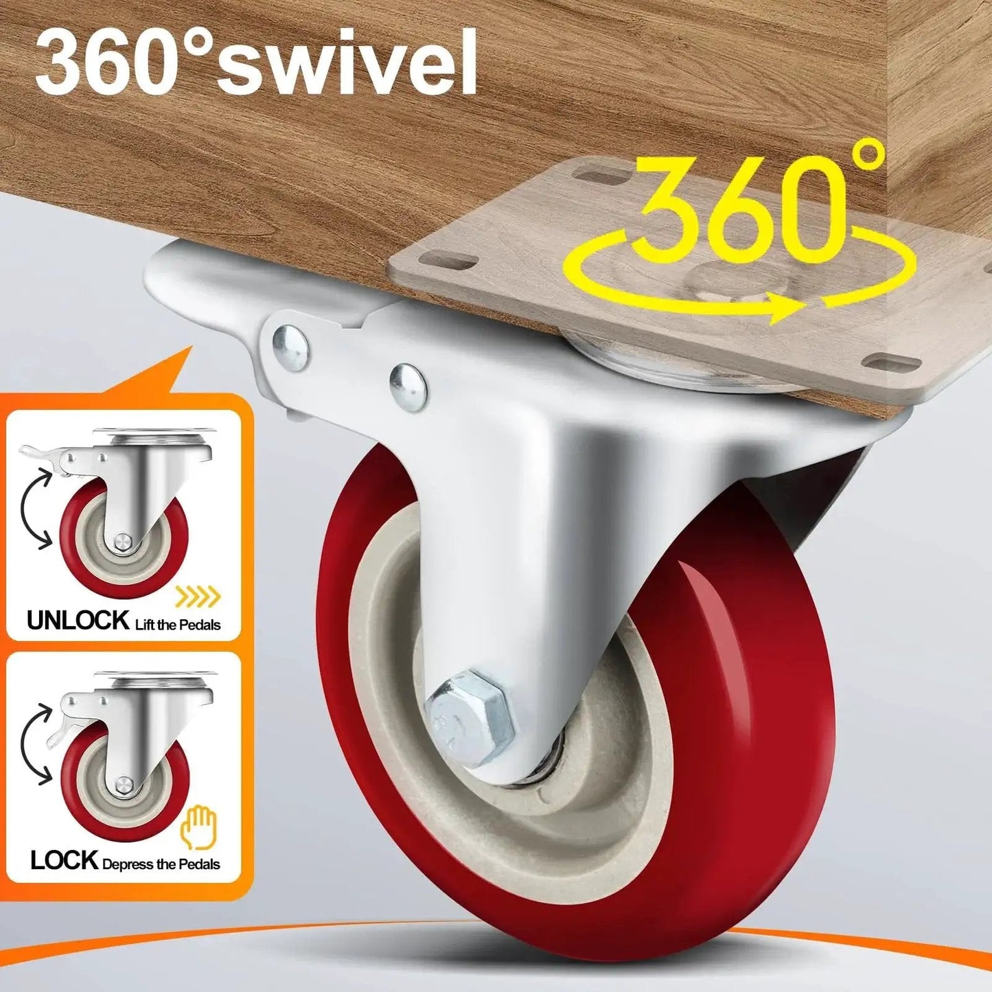 Heavy Duty 5 Inch Swivel Caster Wheels Set Of 4 With Dual Locking Brakes Silent Polyurethane Wheels Plate Mounted Bearings 360 Degree