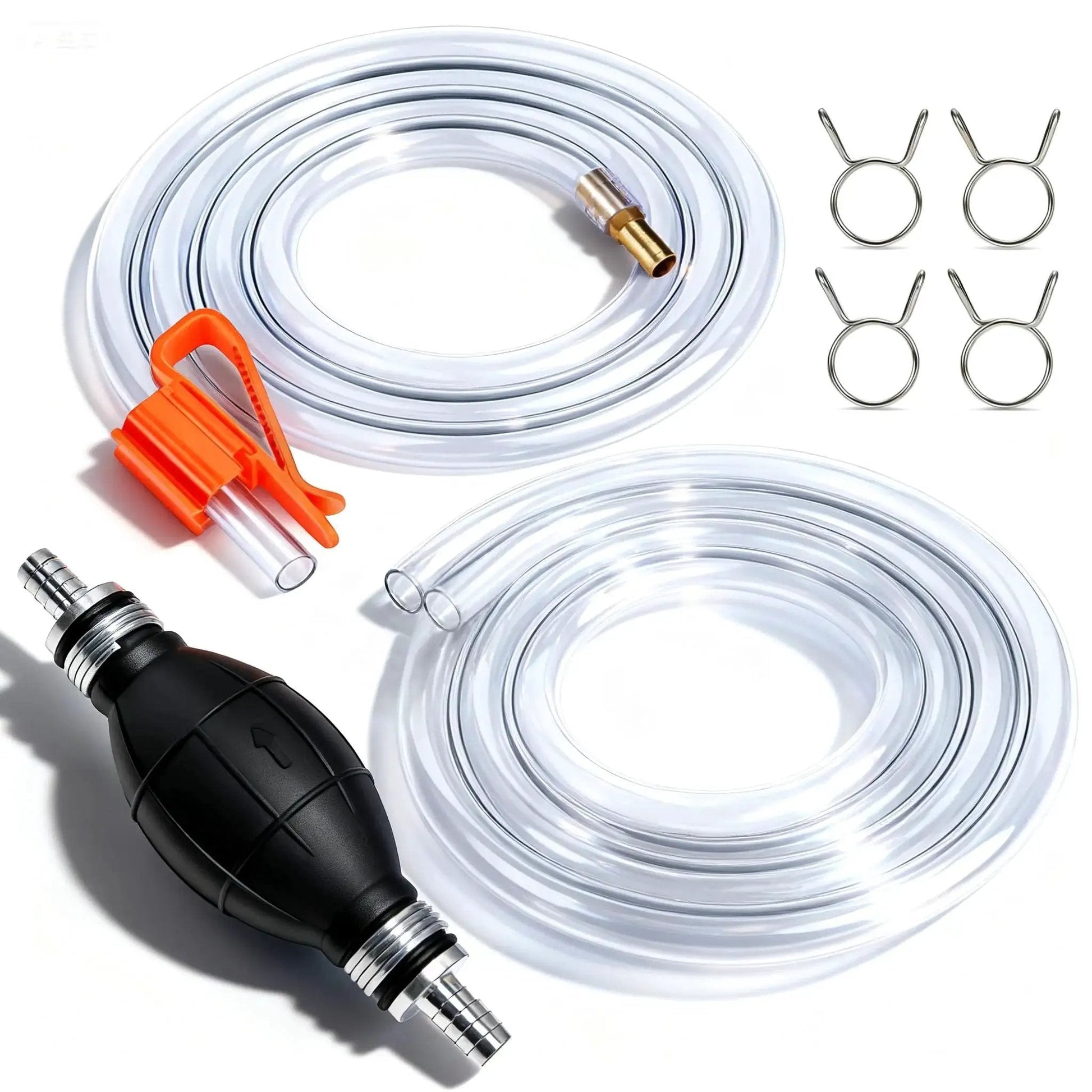 High Flow Portable Siphon Pump With 15mm PVC Hoses For Gasoline And Diesel, showing coiled hoses and connectors.