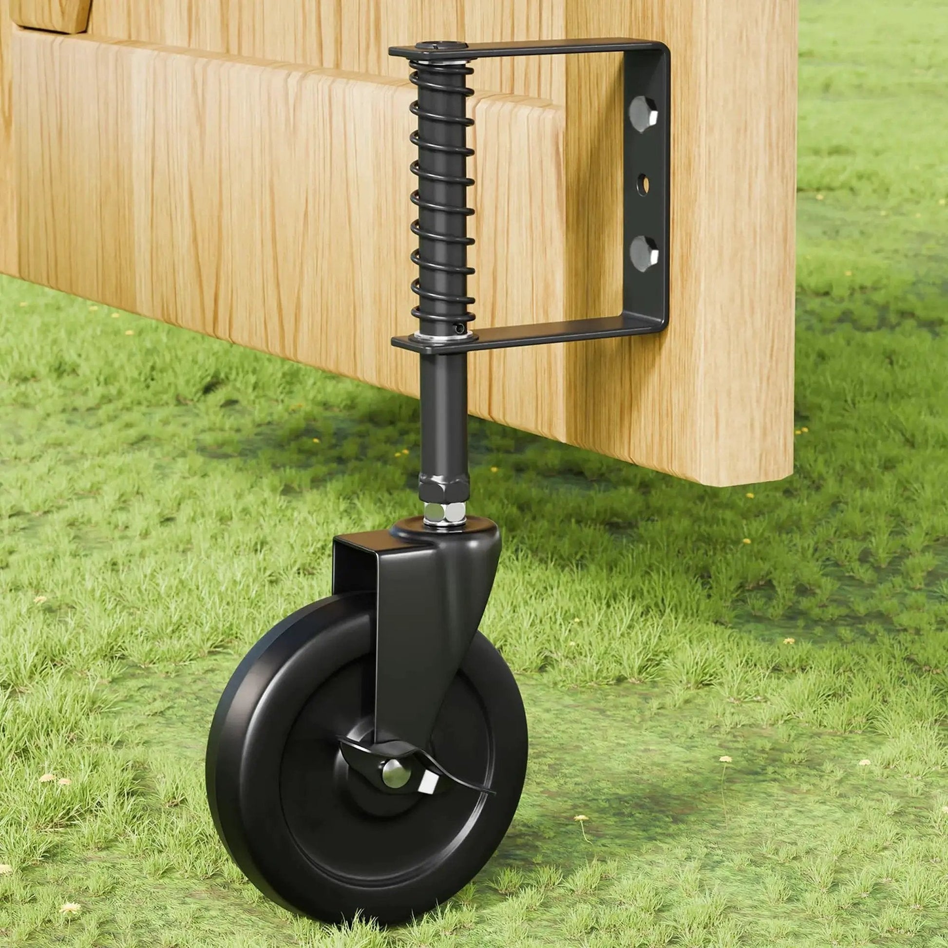 5 Inch Spring Loaded Gate Caster With Side Brake For Outdoor Wooden Gates And Fences, Heavy Duty Wheel With 360 Degree Swivel, Anti Sag Gate Kit, 220 Lb Capacity, Black, 1 Pack