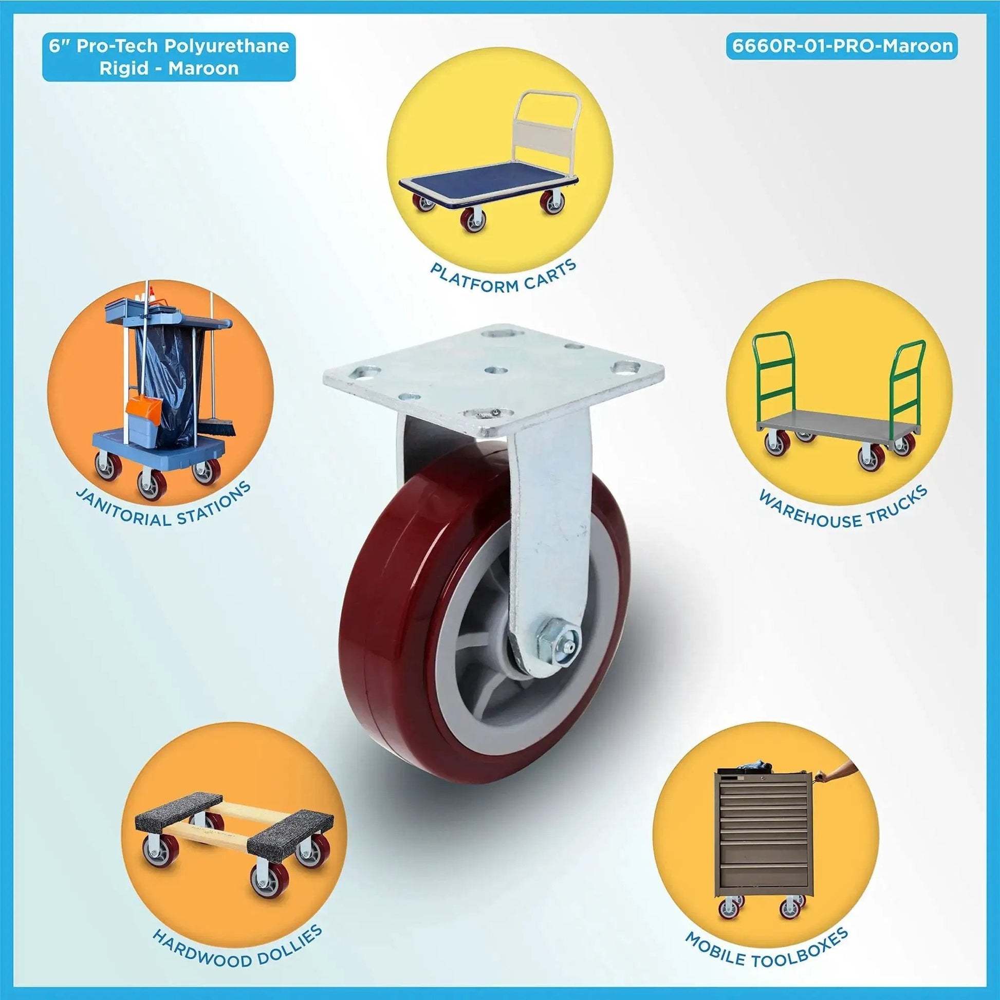 Heavy Duty Industrial Casters 6 Inch By 2 Inch With Top Plate 4 By 4.5 Maroon Two Rigid And Two Swivel Casters With Top Lock Brakes