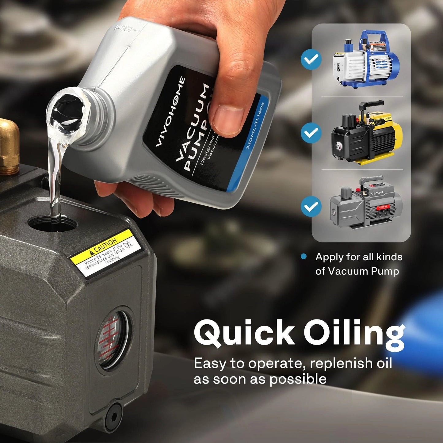 Top Shelf Pro Grade Vacuum Pump Oil For HVAC Systems High Viscosity Low Moisture 330 Milliliters being poured into pump